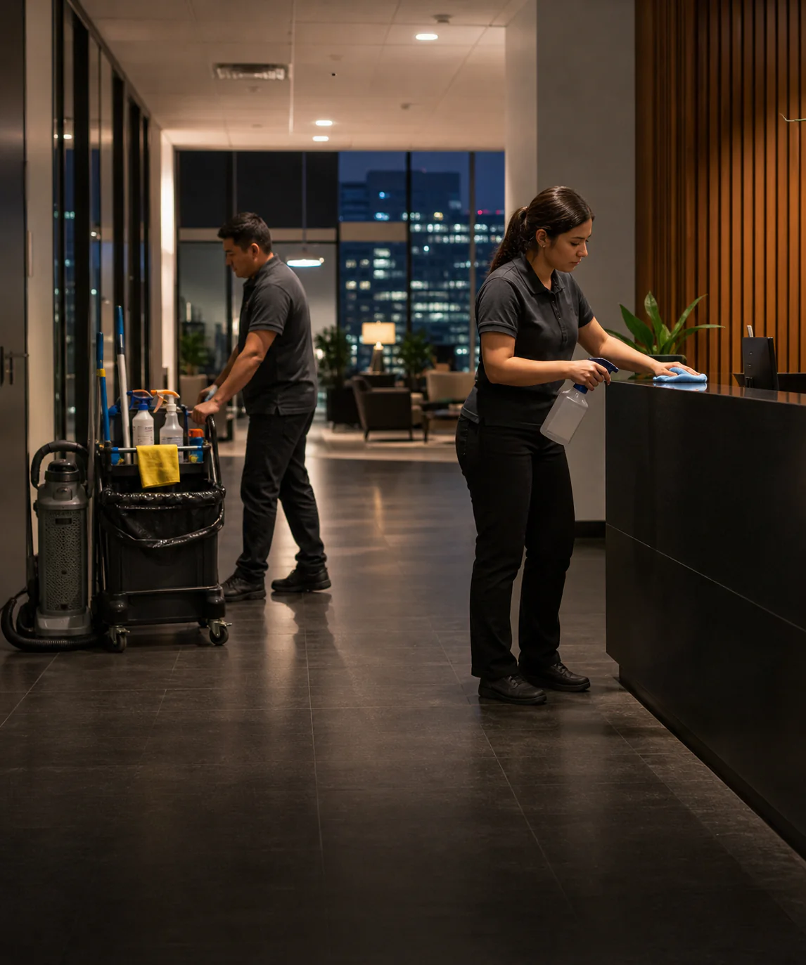 Two commercial cleaners work in an office after hours
