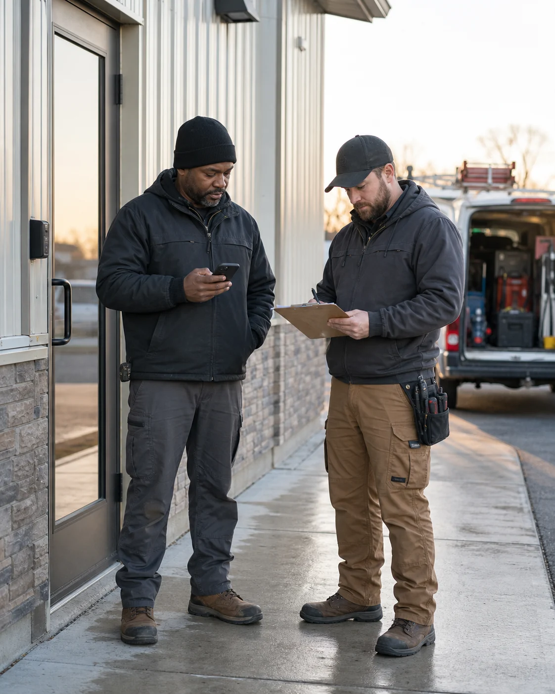 Two field-service employees clock in at a commercial job site