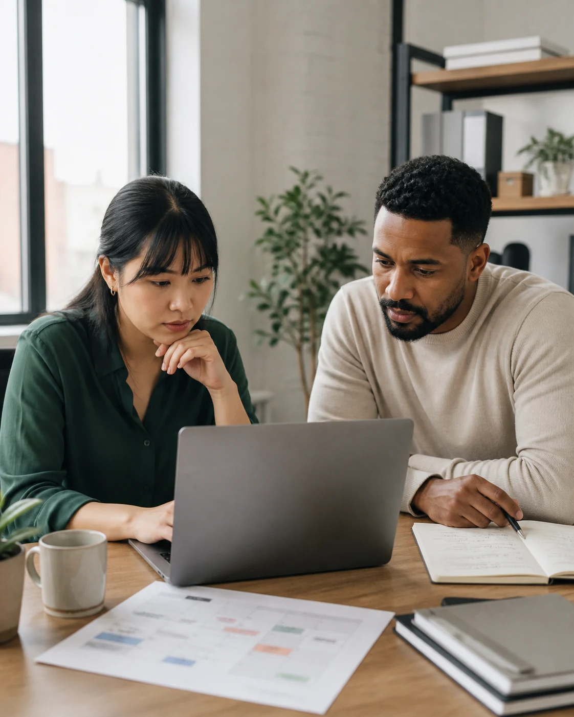 Two coworkers review a weekly timesheet together on a laptop