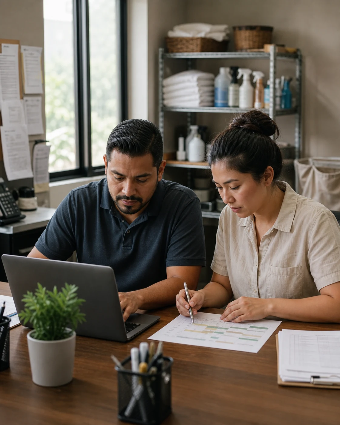 Two operations coworkers review weekly hours and overtime together