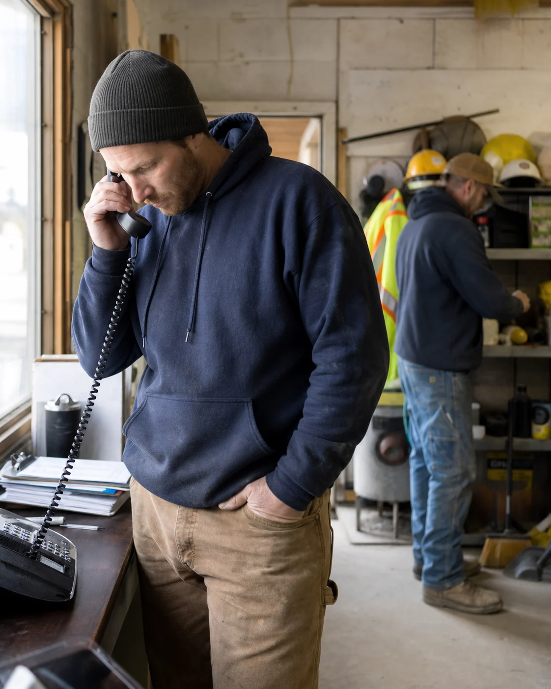 A field crew supervisor taking a call beside a work truck at a job site