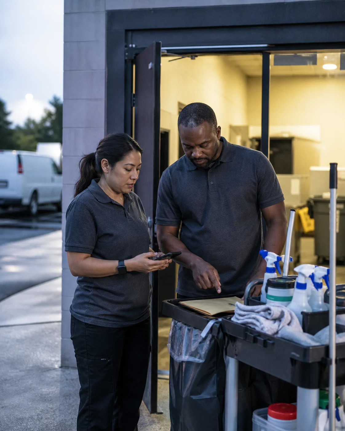 Two commercial cleaners confirm the job they are starting