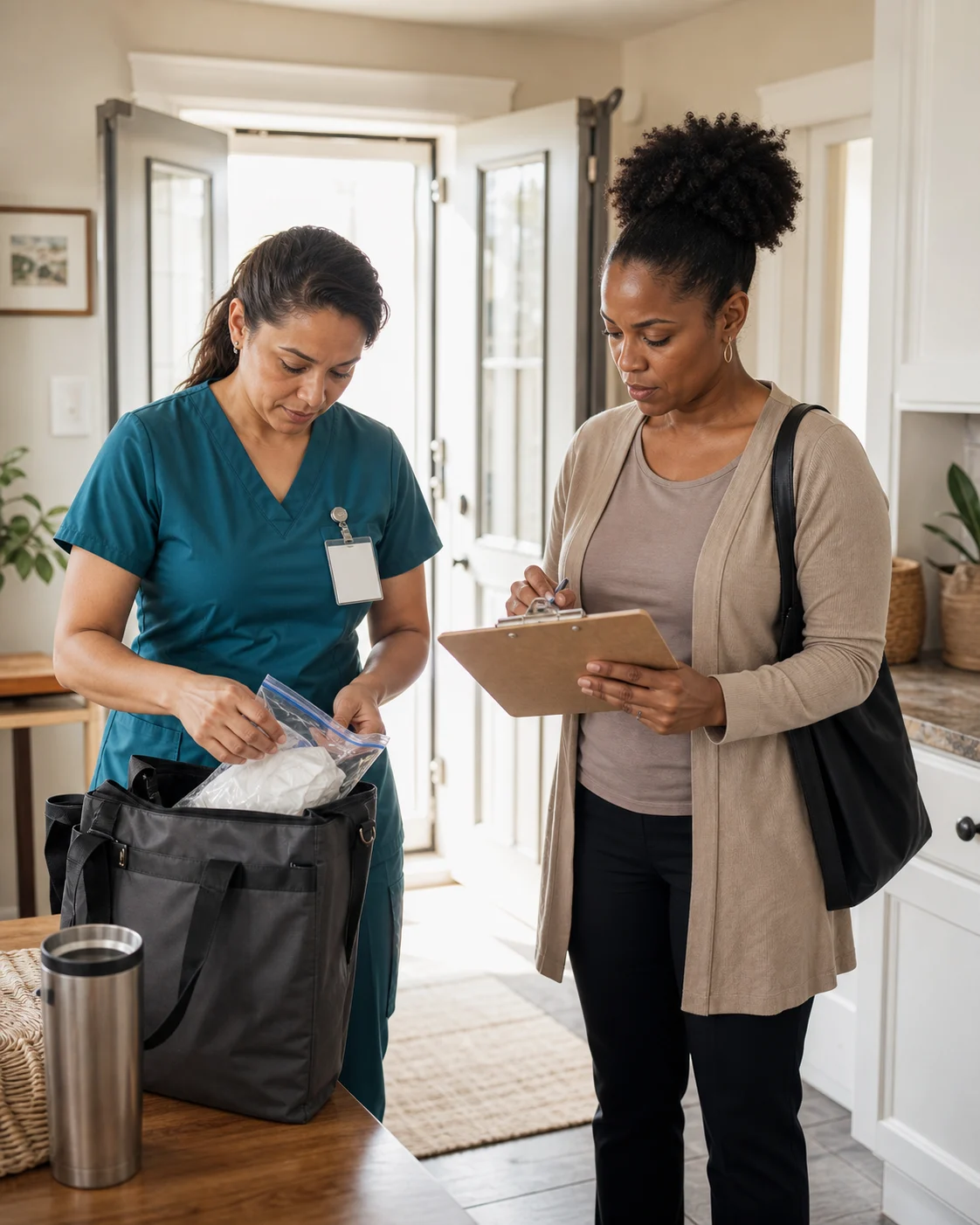 Two professional caregivers coordinate an off-site home visit