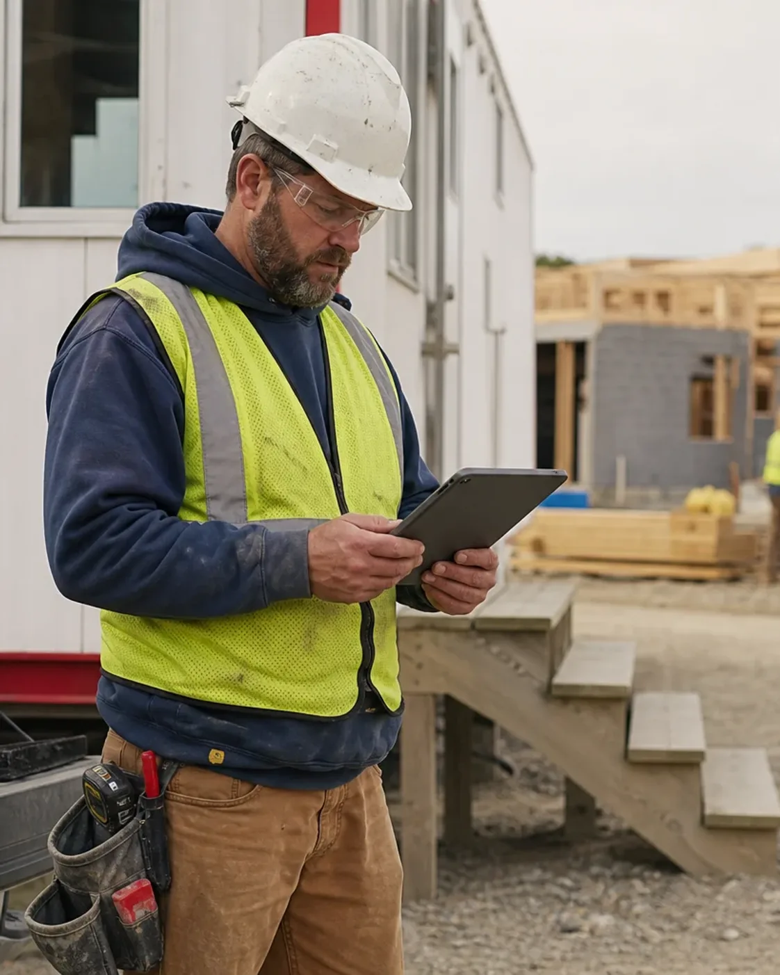 A construction supervisor checks recorded hours on site