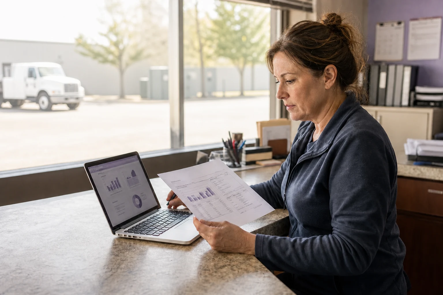 A field-service operations manager reviewing an employee time report
