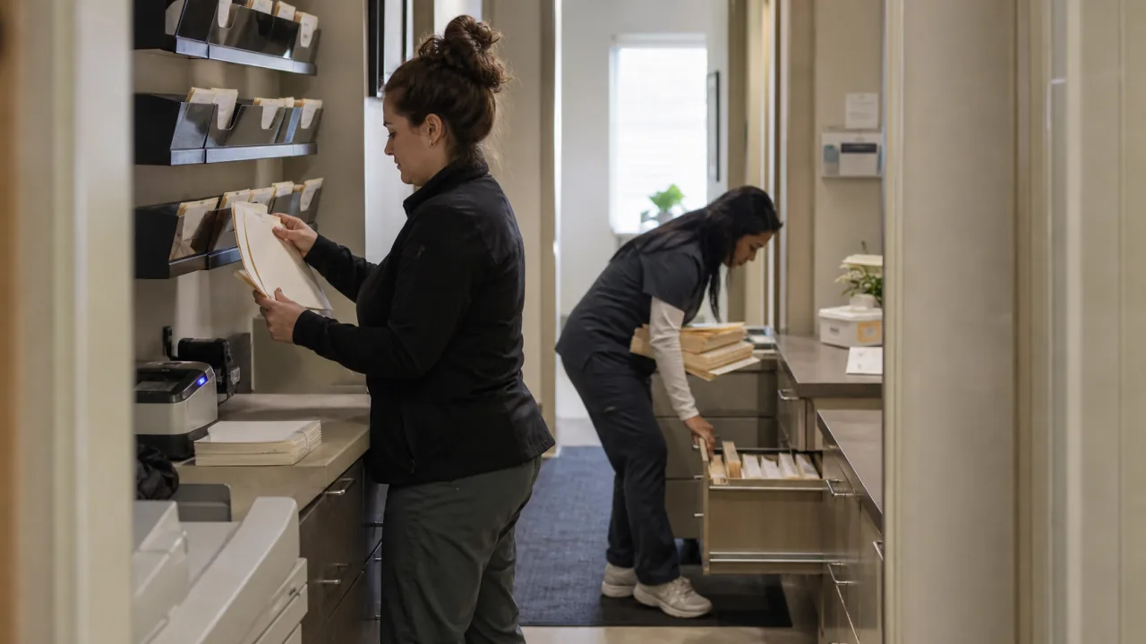 Dos empleados de una clínica preparan historiales de pacientes antes de abrir
