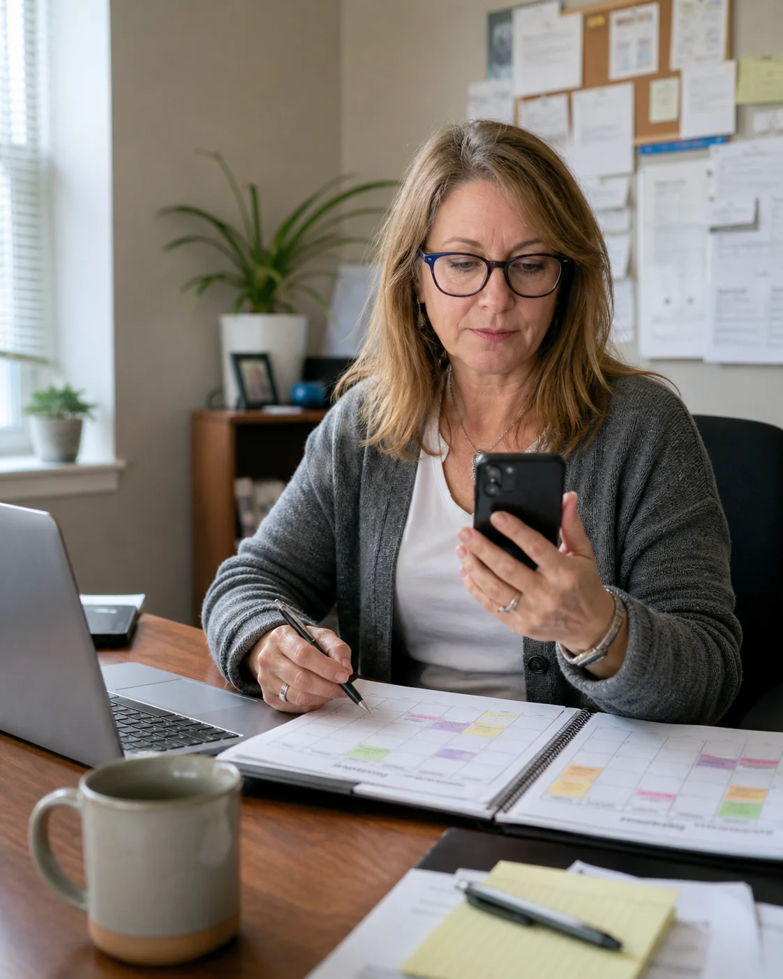 A home-care coordinator checking a missed-shift alert at her desk