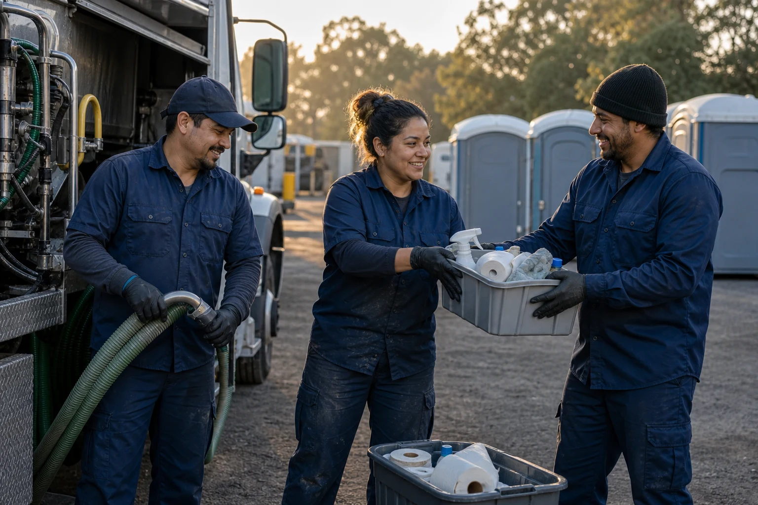 Portable sanitation employees preparing a service truck together