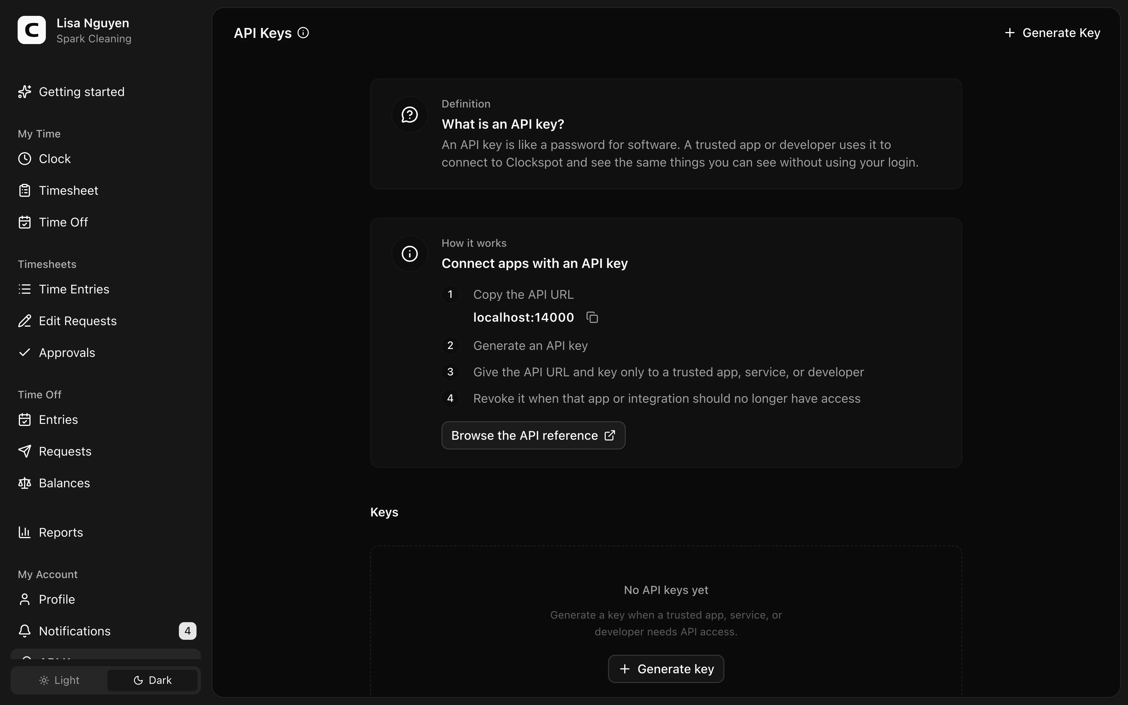 Clockspot API Keys screen. Connect third-party apps to your Clockspot workspace without sharing your password.