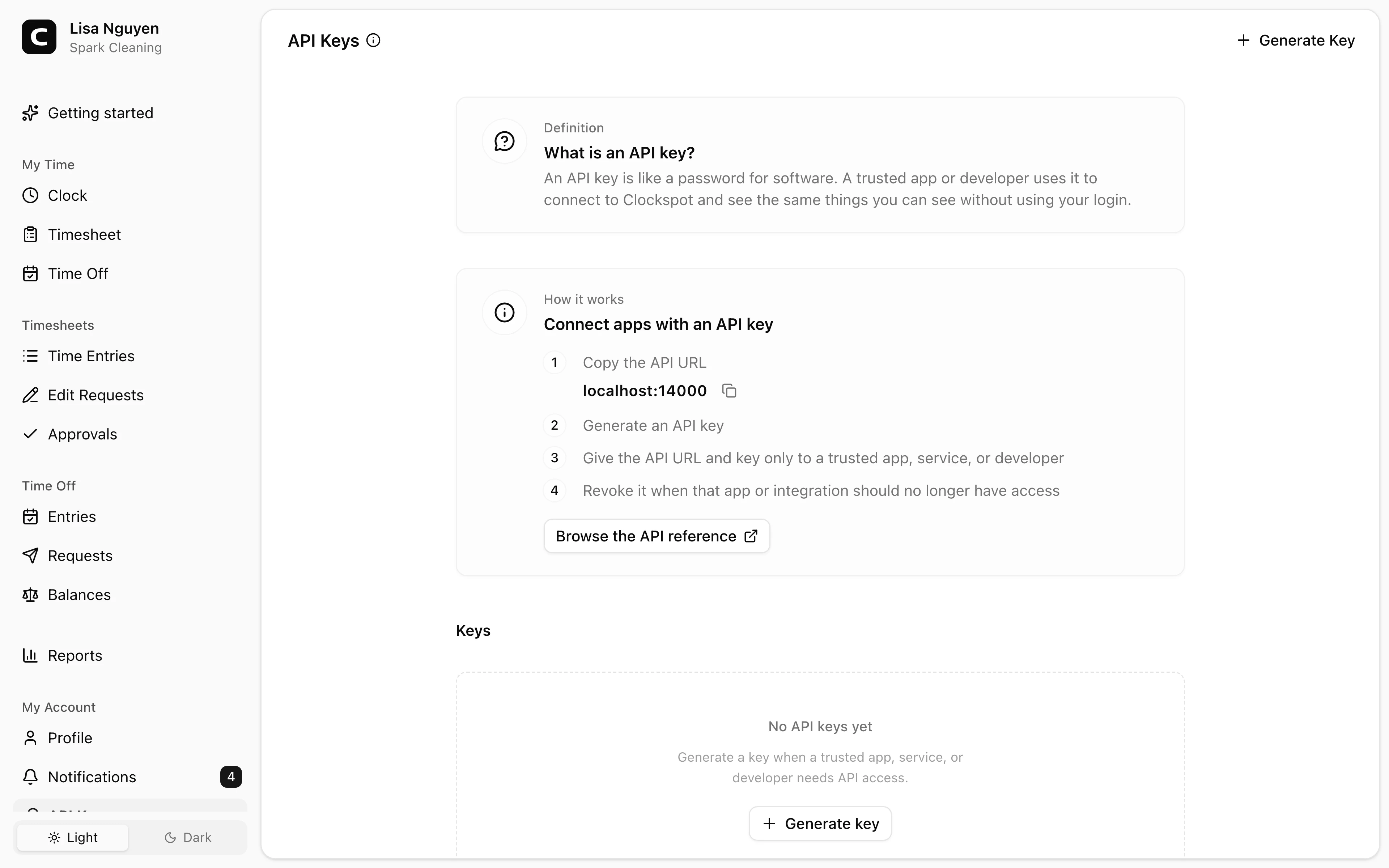 Clockspot API Keys screen. Connect third-party apps to your Clockspot workspace without sharing your password.