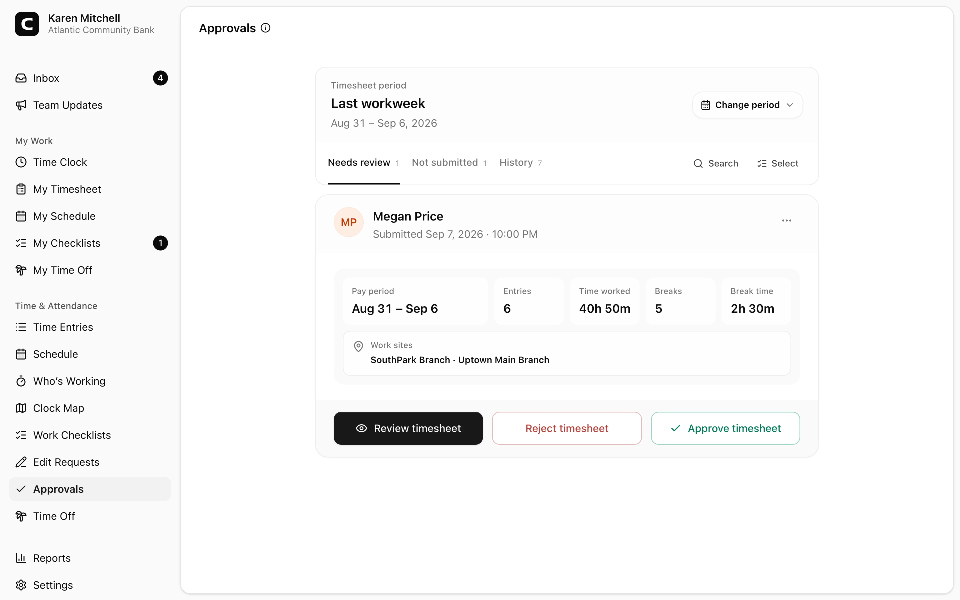 Clockspot Approvals showing reviewed Atlantic Community Bank timesheets