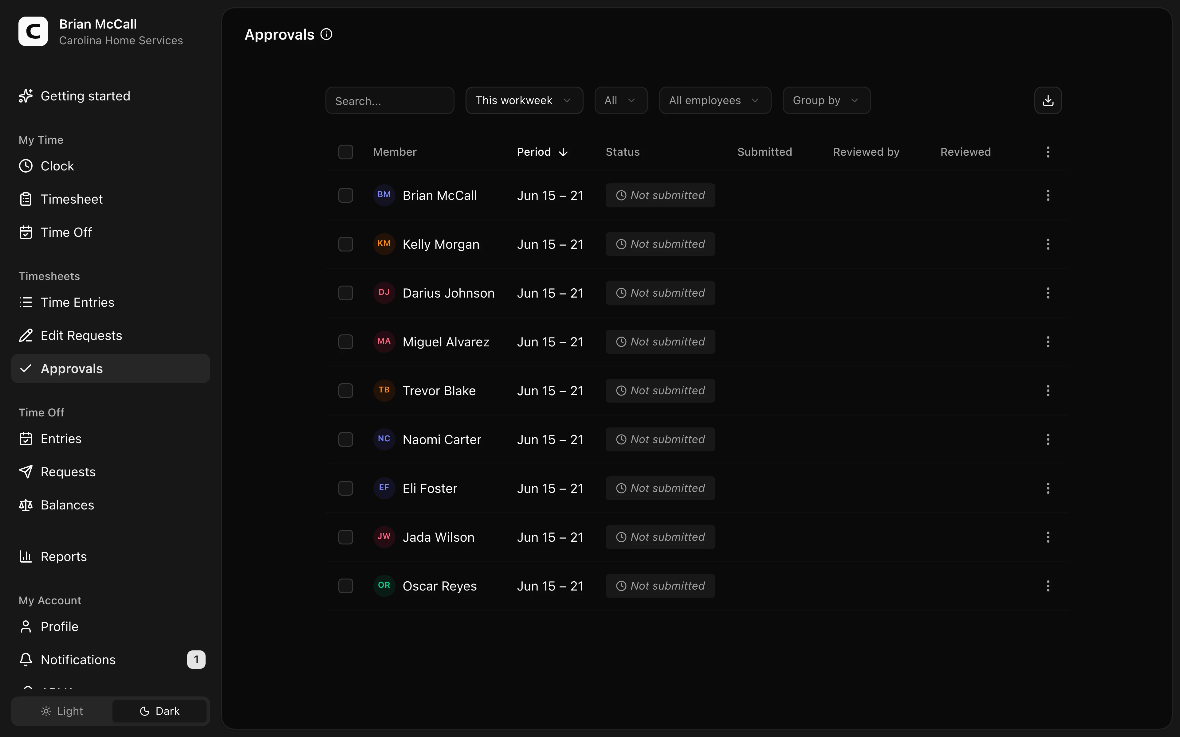 Clockspot Approvals screen