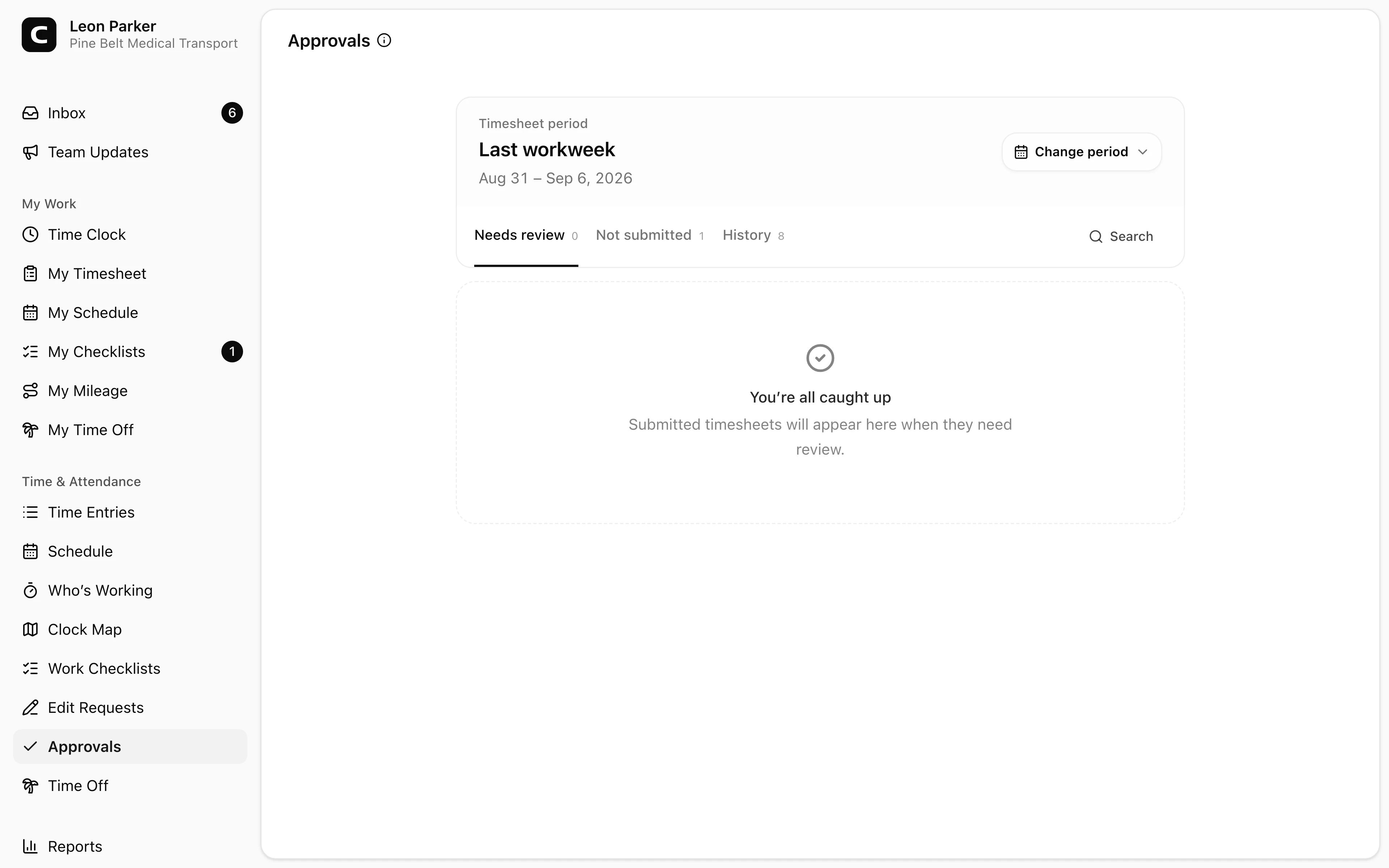 Clockspot Approvals showing reviewed transportation employee timesheets