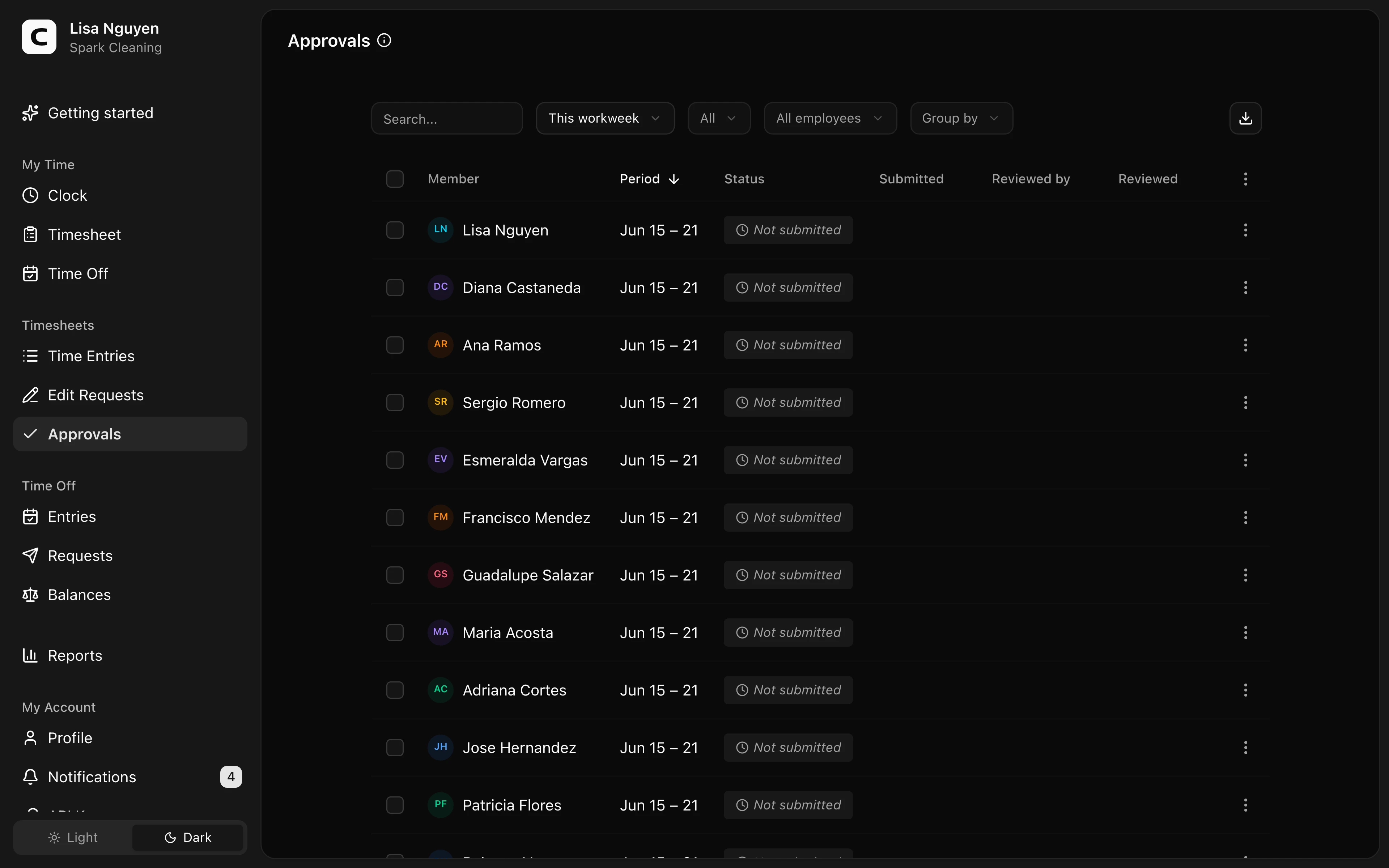 Clockspot Approvals screen. Approve, reject, or cancel submitted timesheets by employee and period.