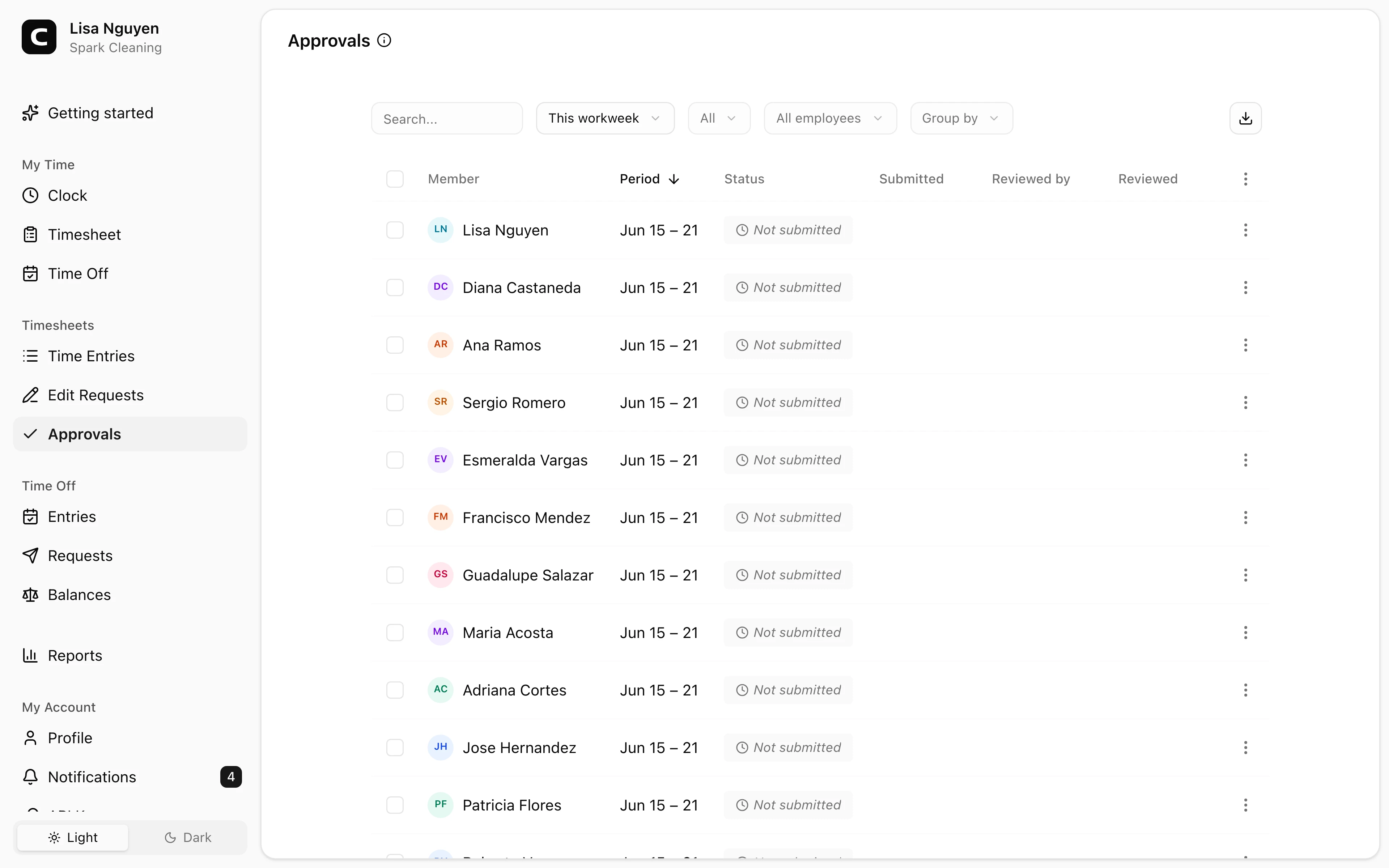 Clockspot Approvals screen. Approve, reject, or cancel submitted timesheets by employee and period.