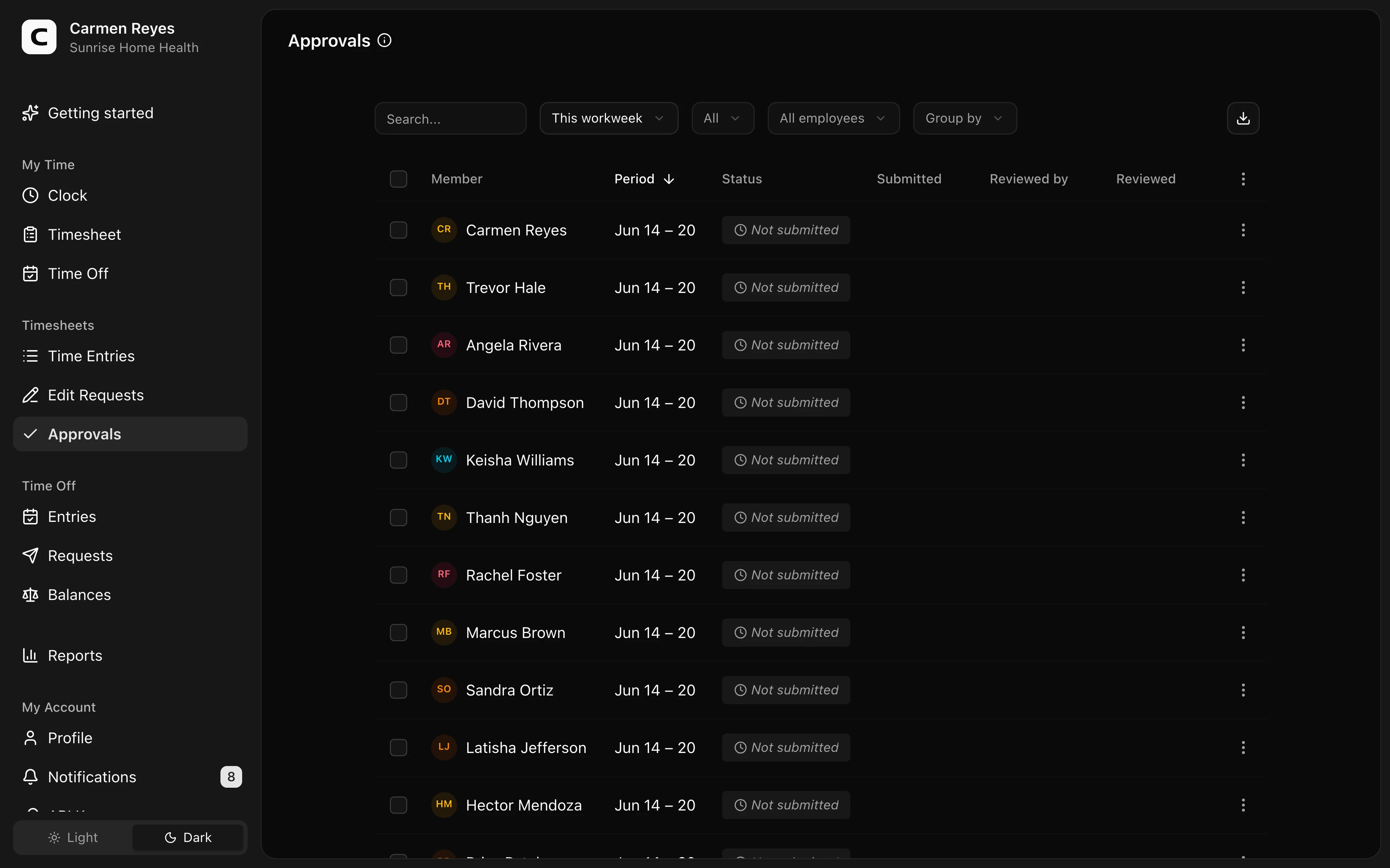 Clockspot Approvals screen