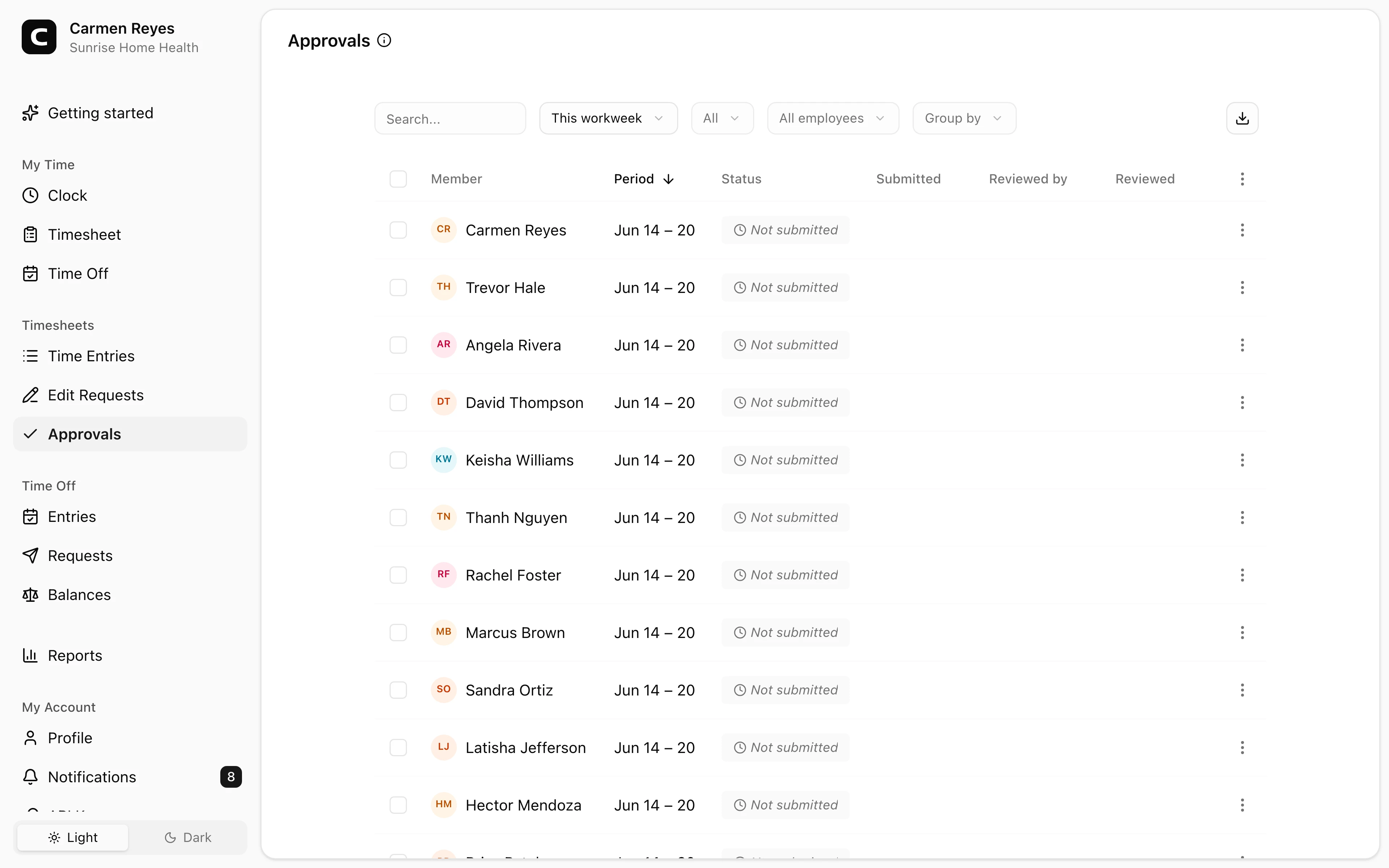 Clockspot Approvals screen