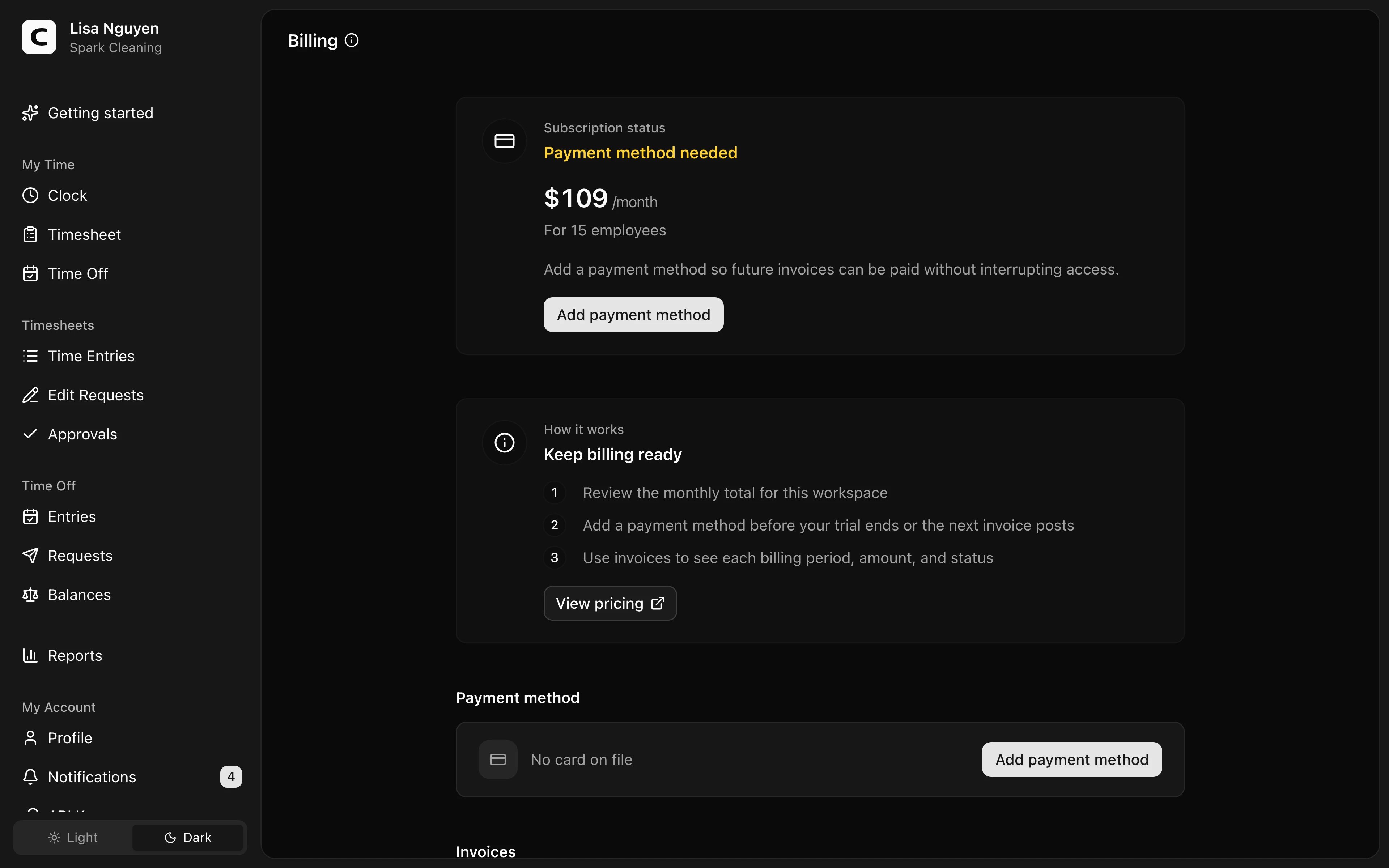 Clockspot Billing screen. Review your subscription, payment method, and invoices.
