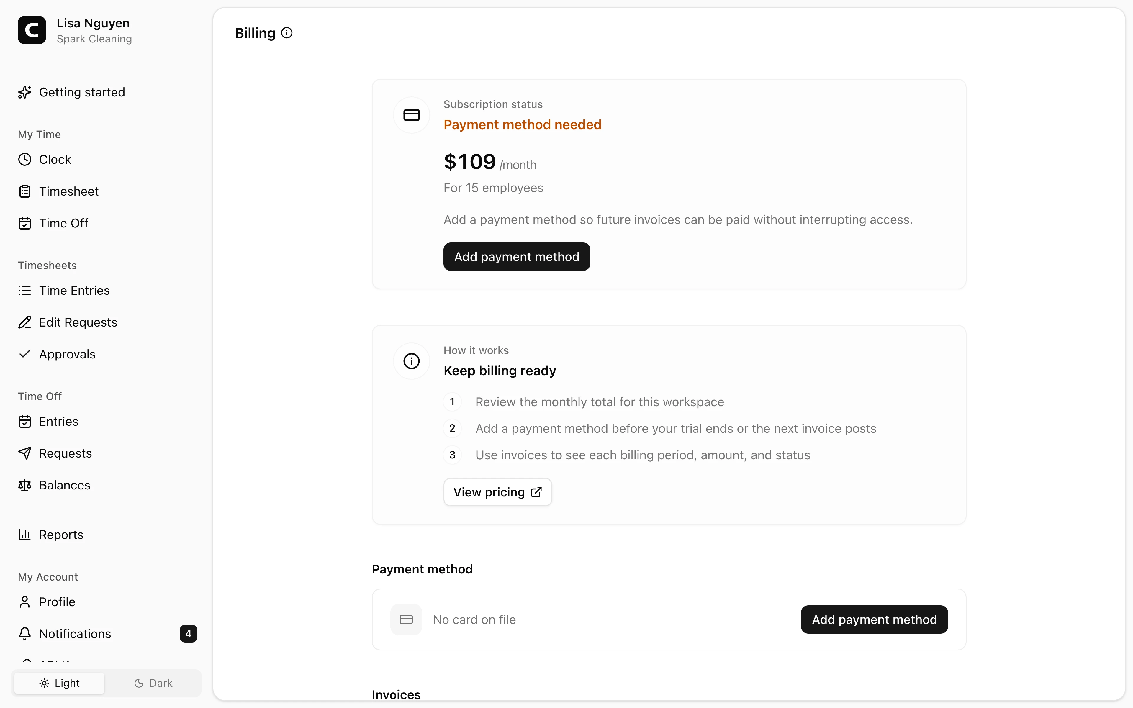 Clockspot Billing screen. Review your subscription, payment method, and invoices.
