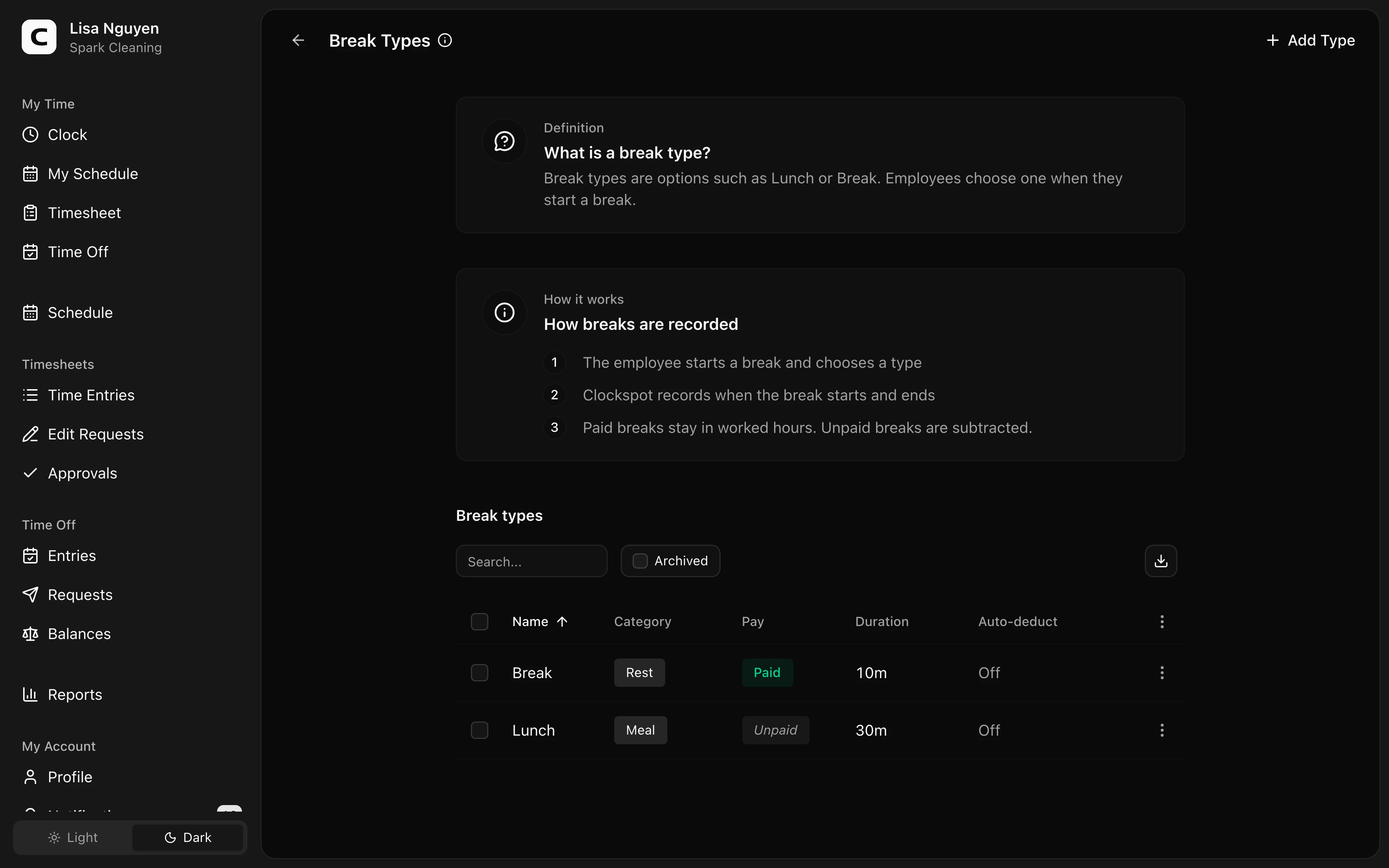 Clockspot Breaks & Lunches screen. Define meal and rest breaks, whether they are paid, and optional automatic deductions.