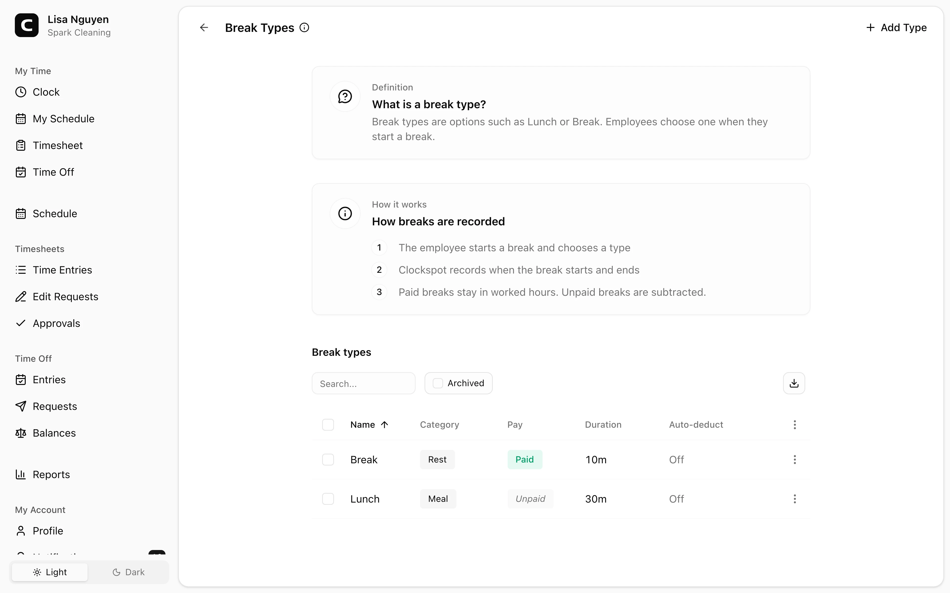 Clockspot Breaks & Lunches screen. Define meal and rest breaks, whether they are paid, and optional automatic deductions.