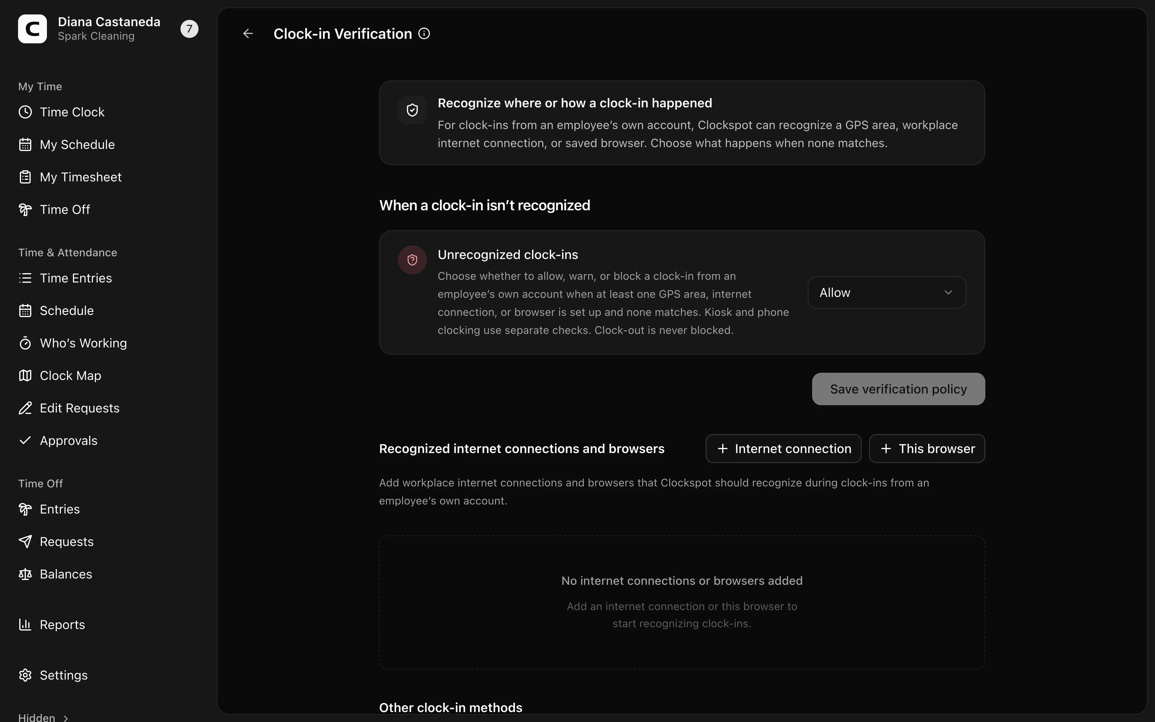 Clockspot Clock-in Verification screen. Manage recognized clock-in methods and decide what happens when a clock-in from an employee's own account does not match one.