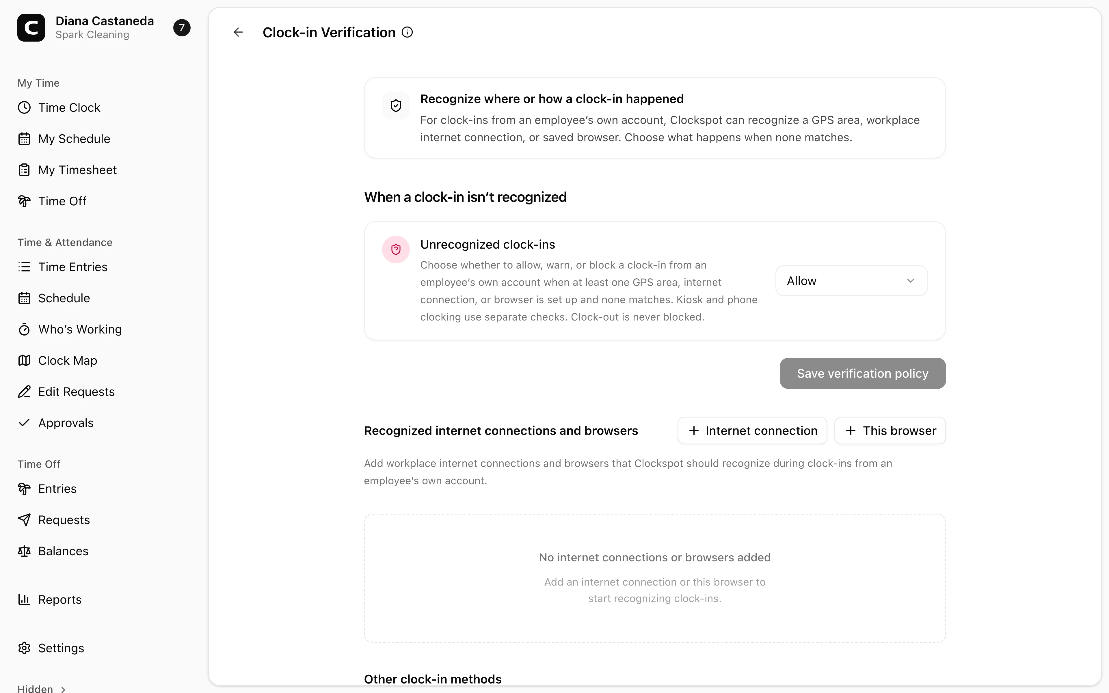 Clockspot Clock-in Verification screen. Manage recognized clock-in methods and decide what happens when a clock-in from an employee's own account does not match one.
