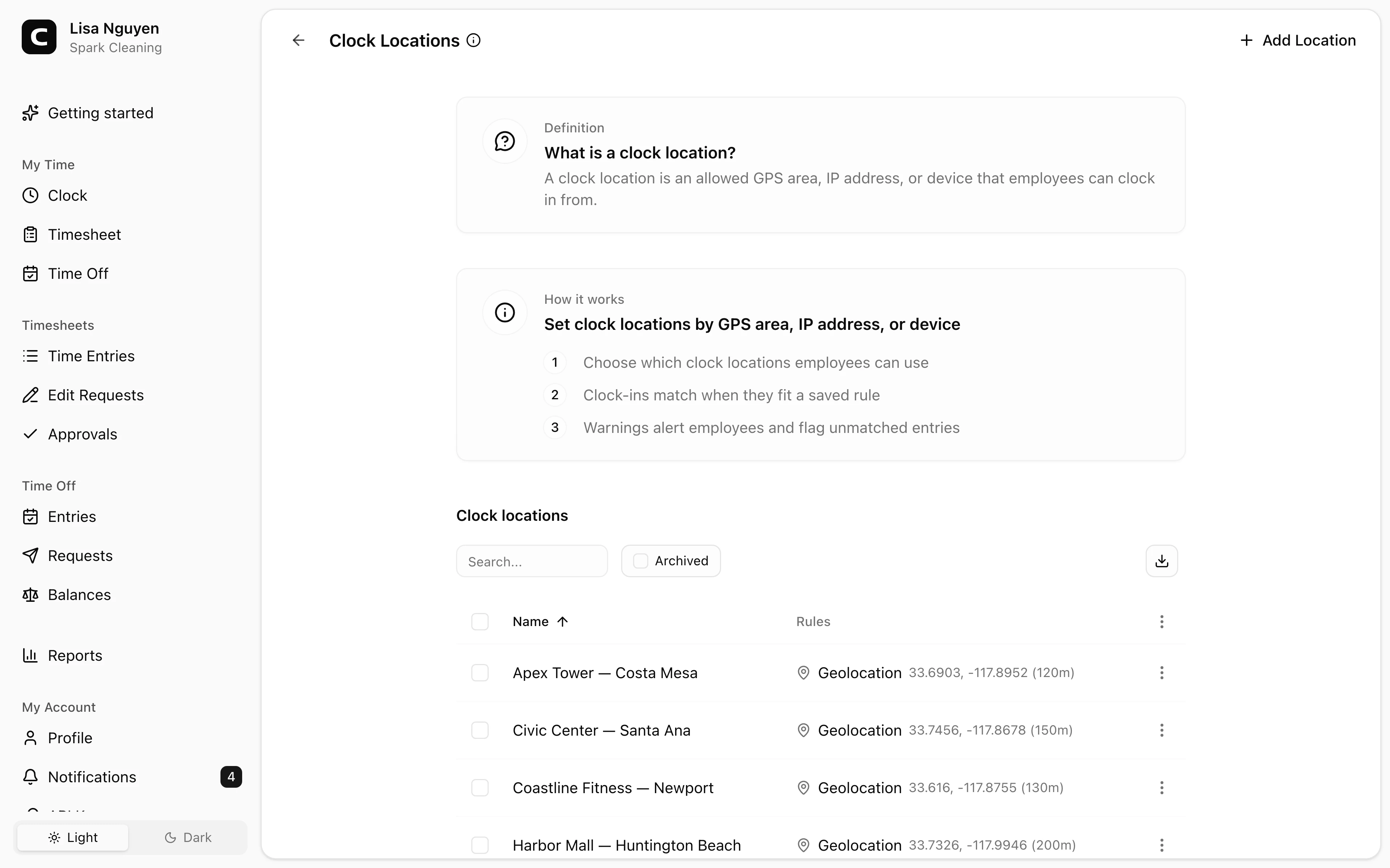 Clockspot Clock Locations screen. Define places, networks, or devices so Clockspot can identify where employees clock from and flag unrecognized activity.