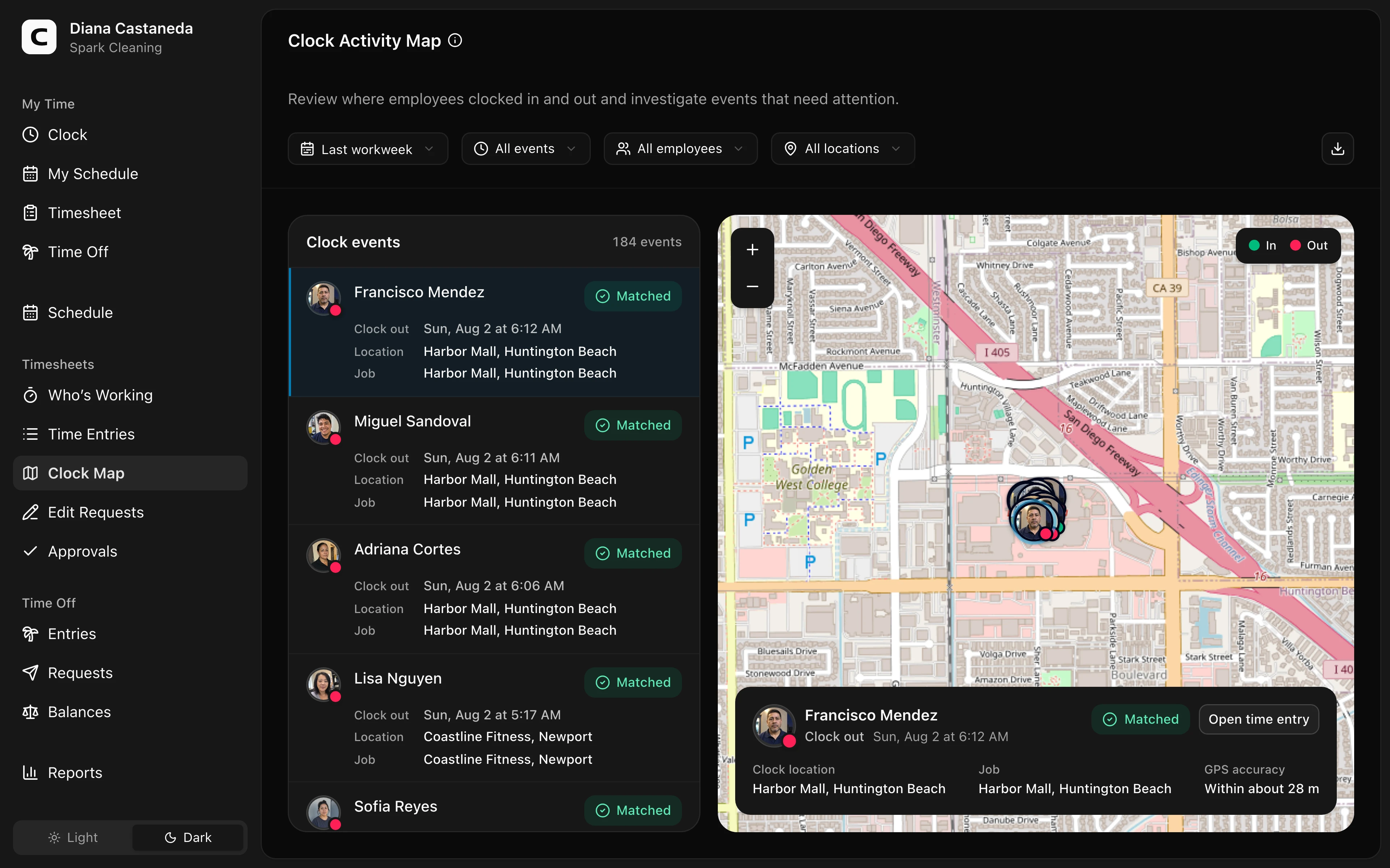 Clockspot Clock Activity Map screen. Review where employees clocked in and out and find events that need attention.