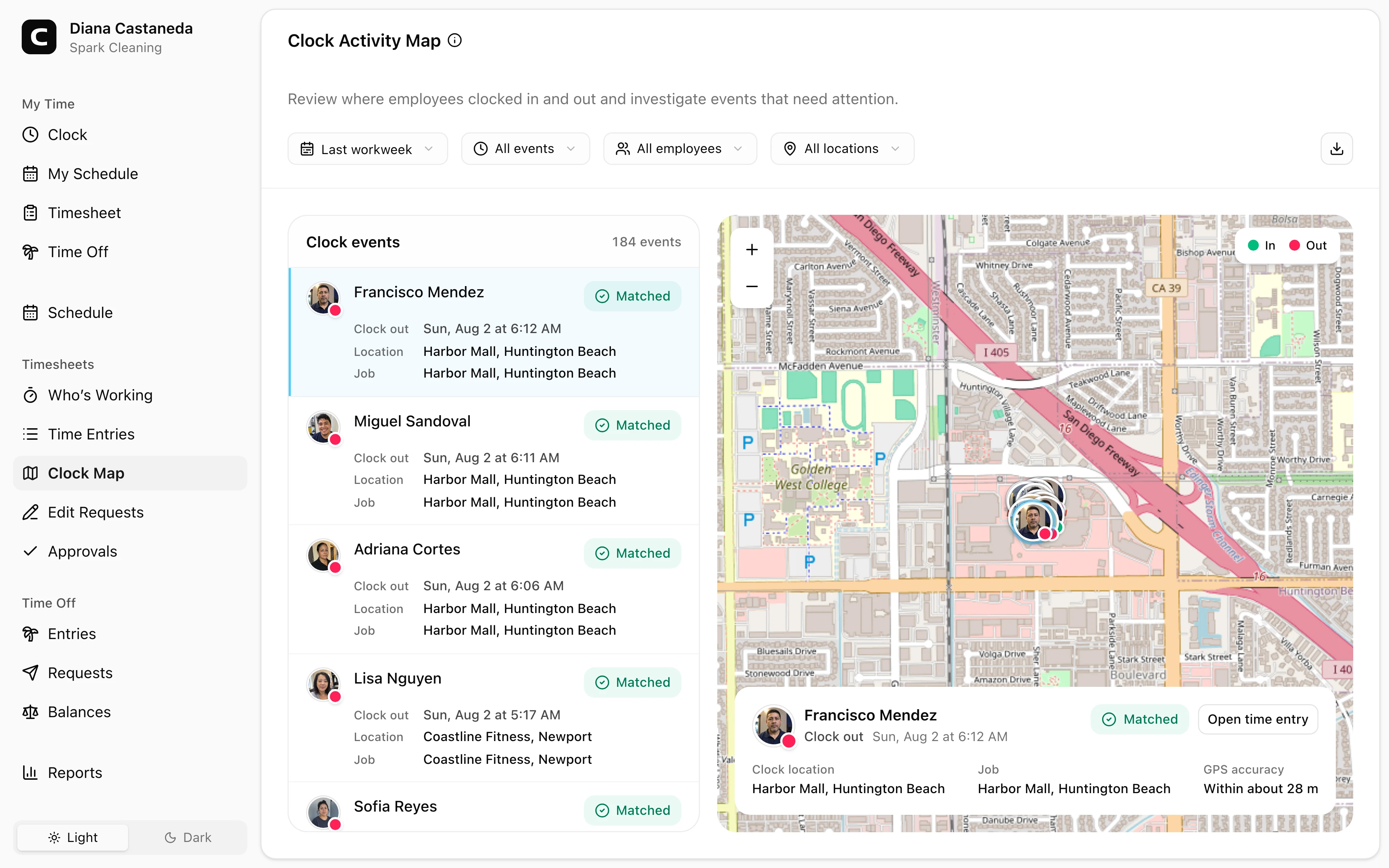 Clockspot Clock Activity Map screen. Review where employees clocked in and out and find events that need attention.