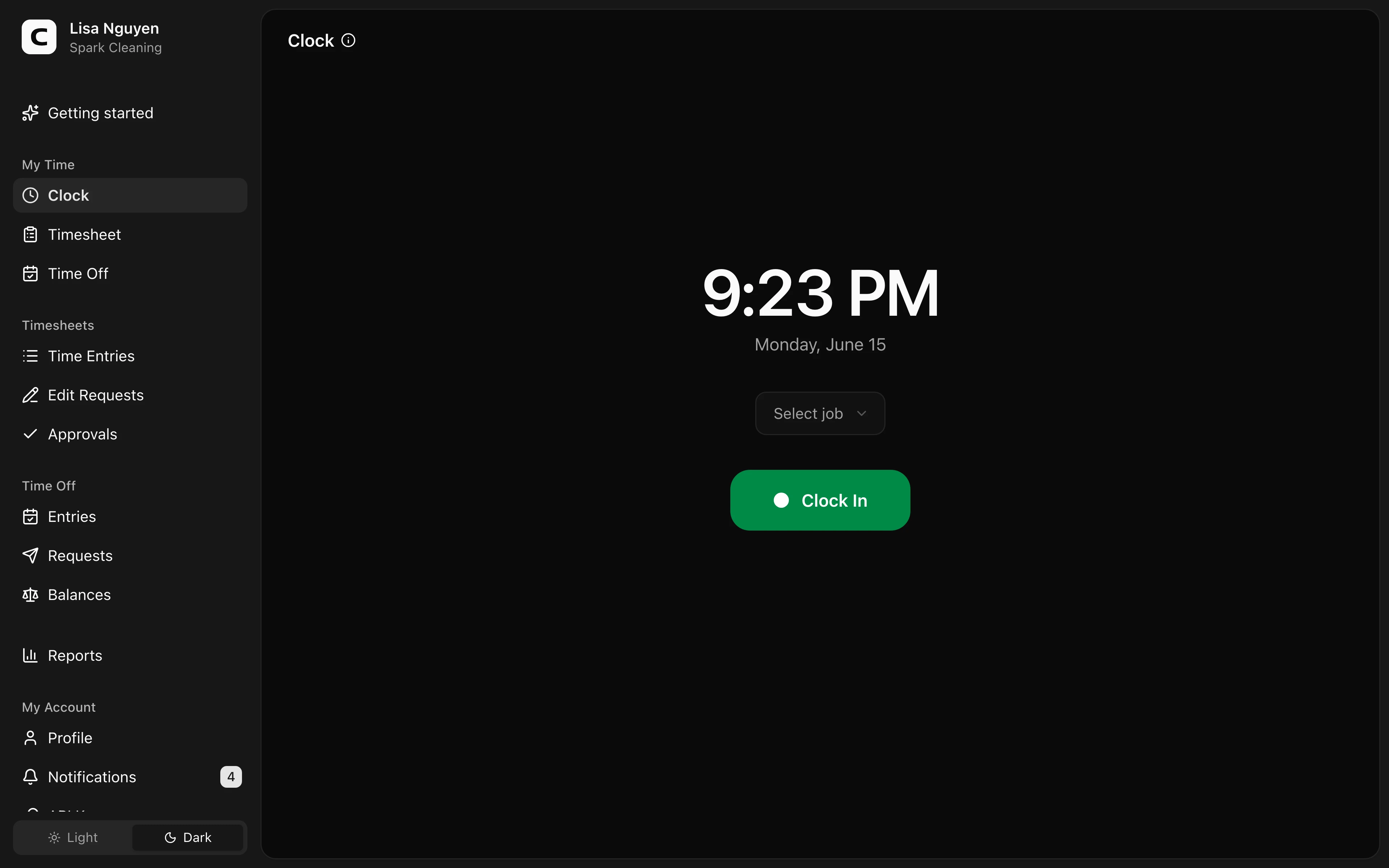 Clockspot Clock screen. Clock in at the start of your shift and out at the end, with a job and notes when your workspace uses them.