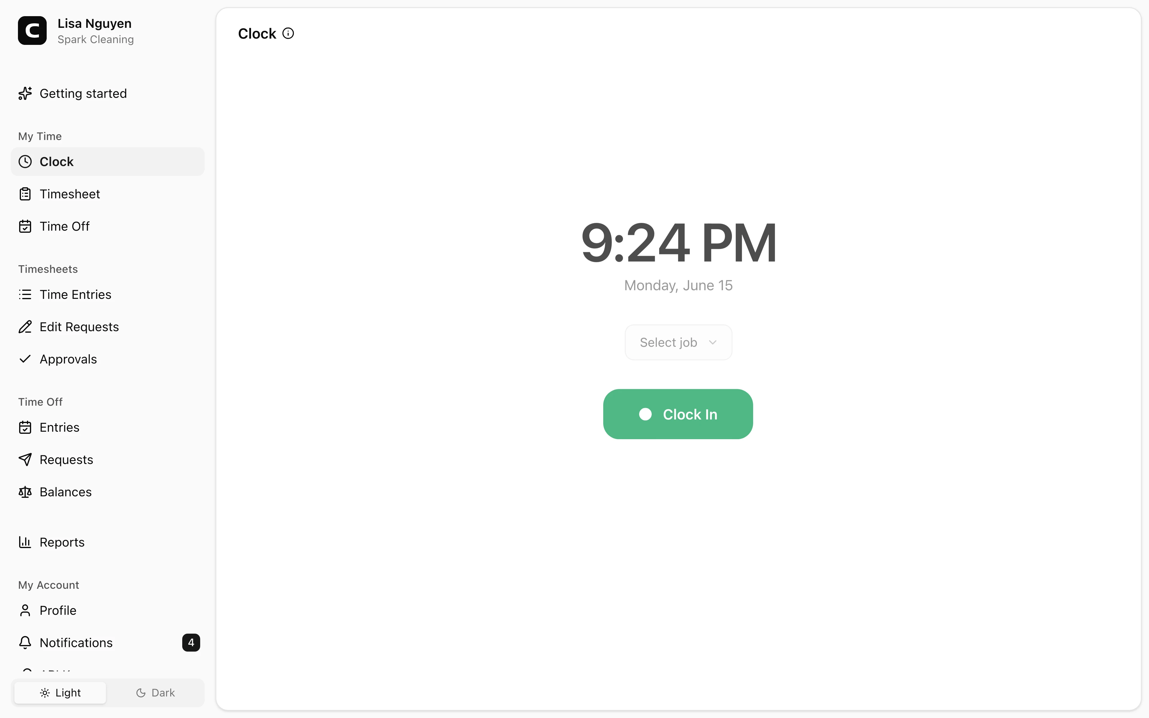 Clockspot Clock screen. Clock in at the start of your shift and out at the end, with a job and notes when your workspace uses them.