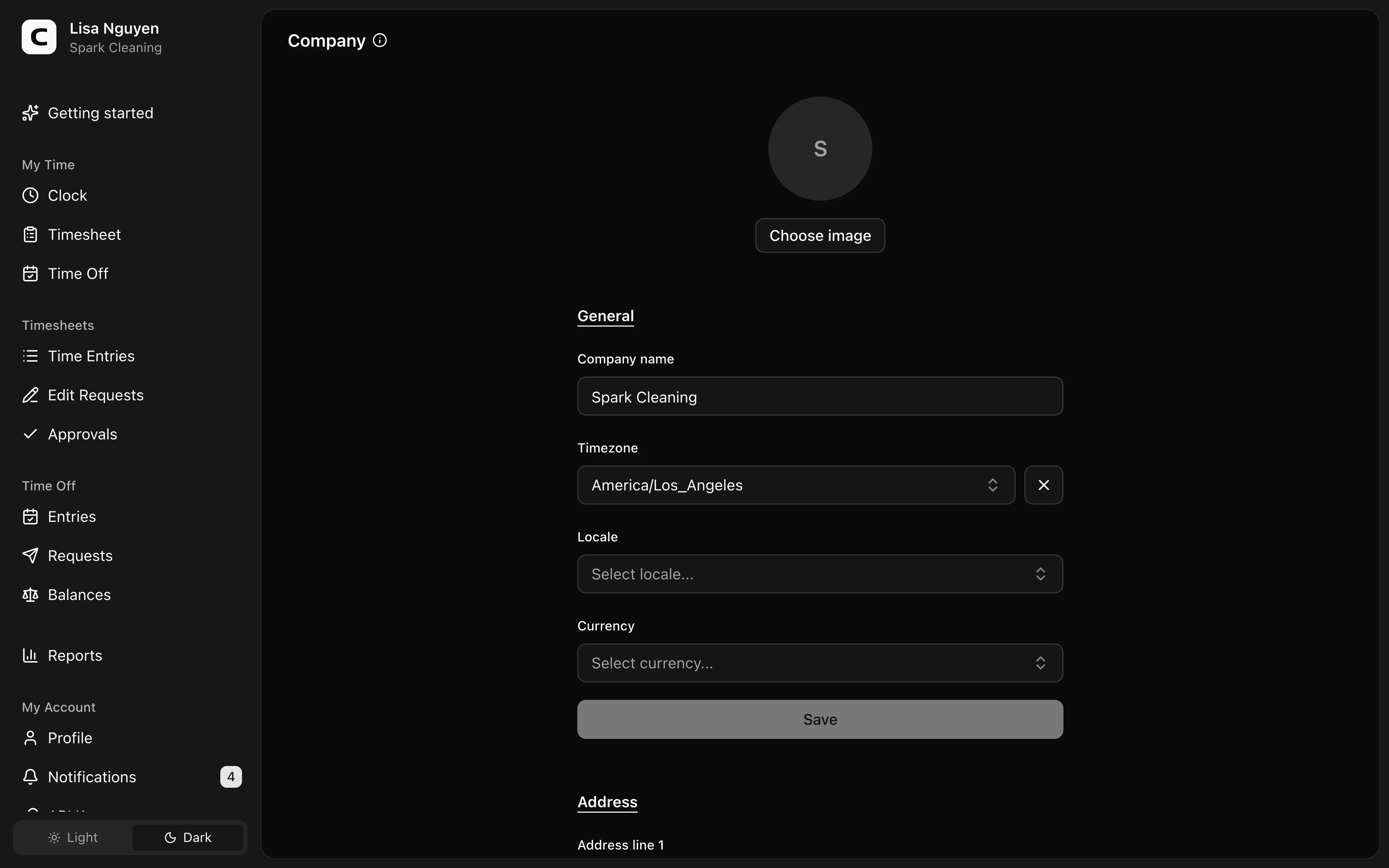 Clockspot Company screen. Keep your company name, time zone, and address current.