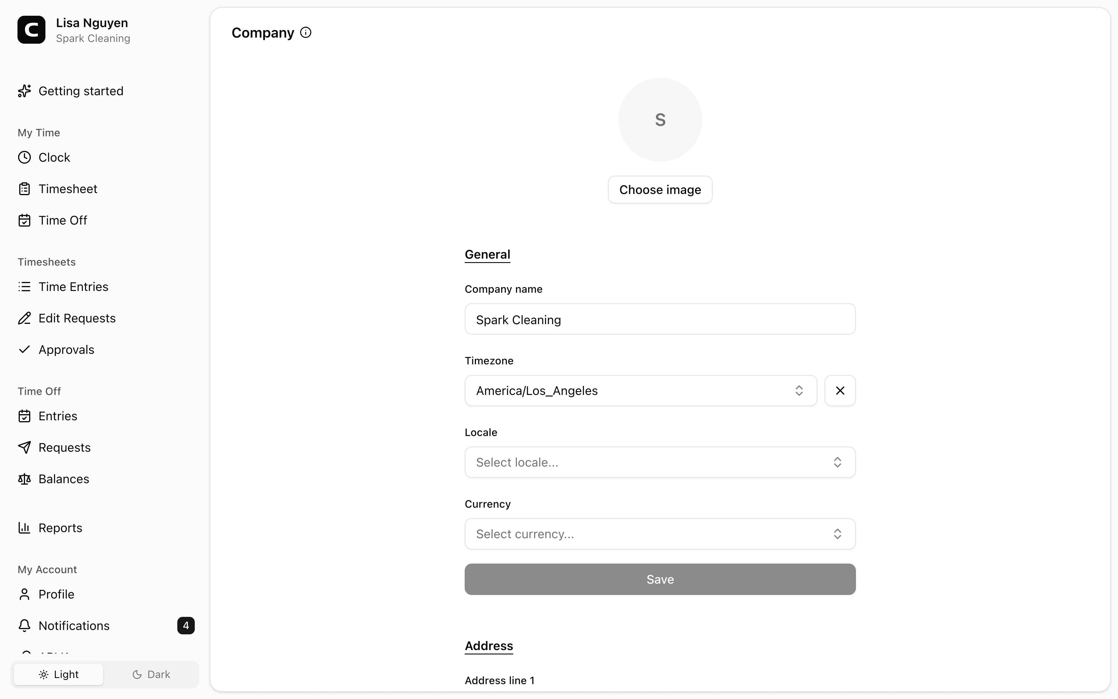 Clockspot Company screen. Keep your company name, time zone, and address current.