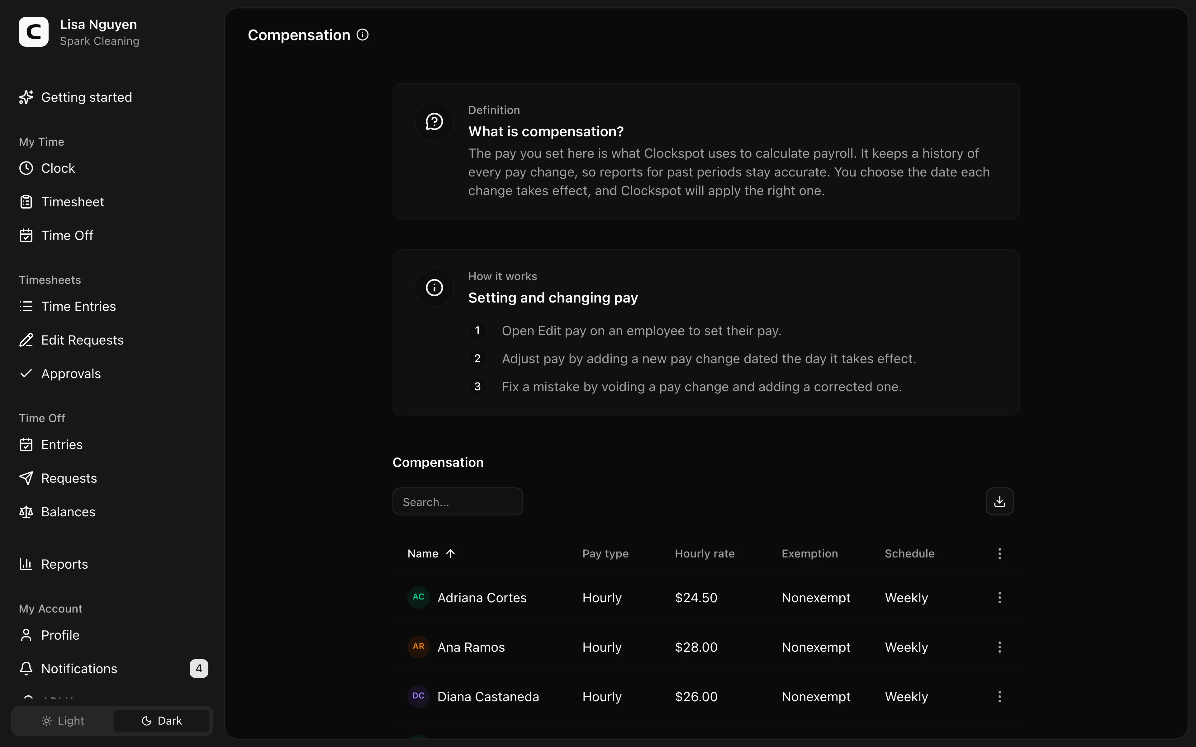 Clockspot Compensation screen. Set each employee's pay type, hourly rate when applicable, exemption status, and pay schedule, and keep a history of pay changes.