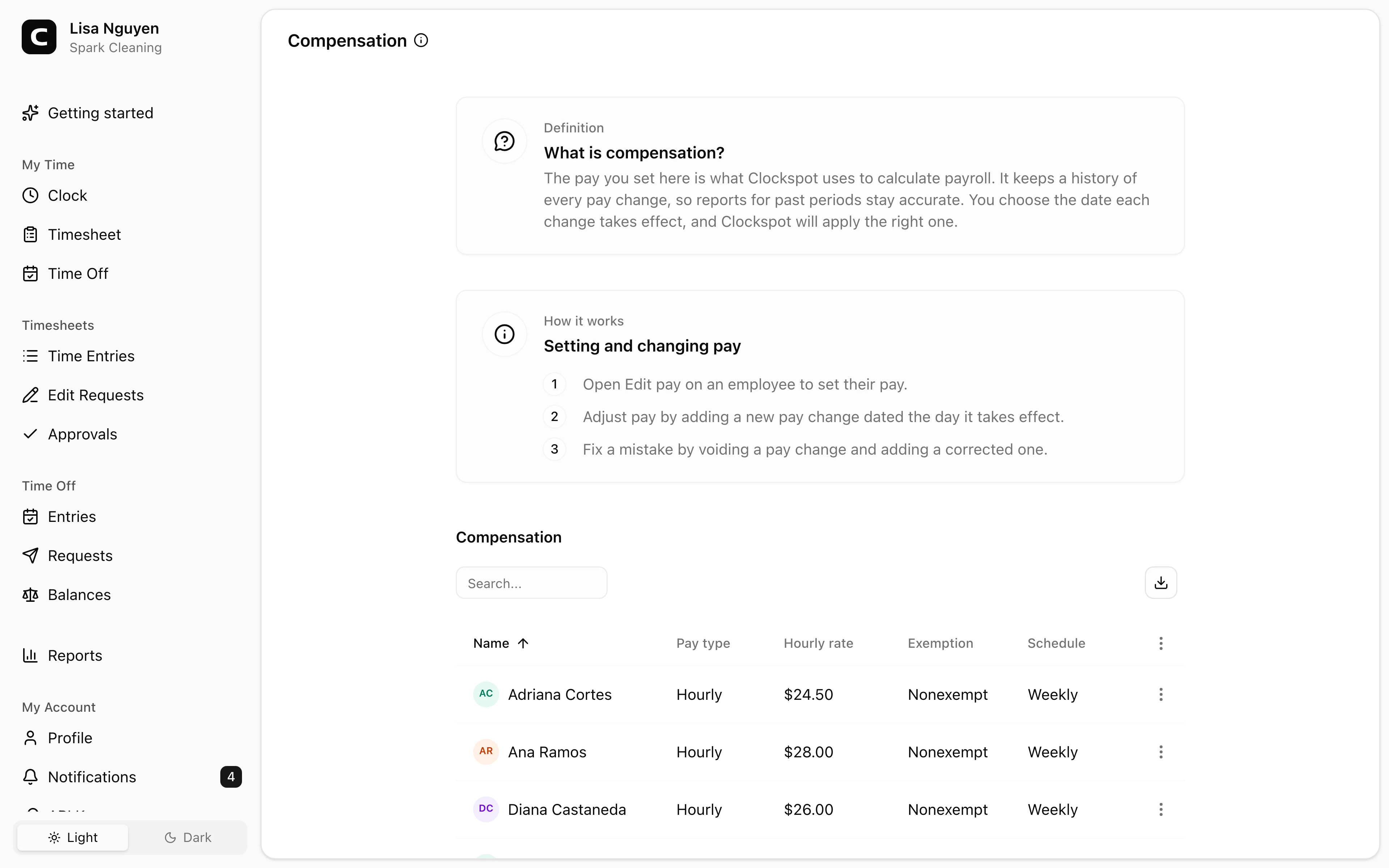 Clockspot Compensation screen. Set each employee's pay type, hourly rate when applicable, exemption status, and pay schedule, and keep a history of pay changes.
