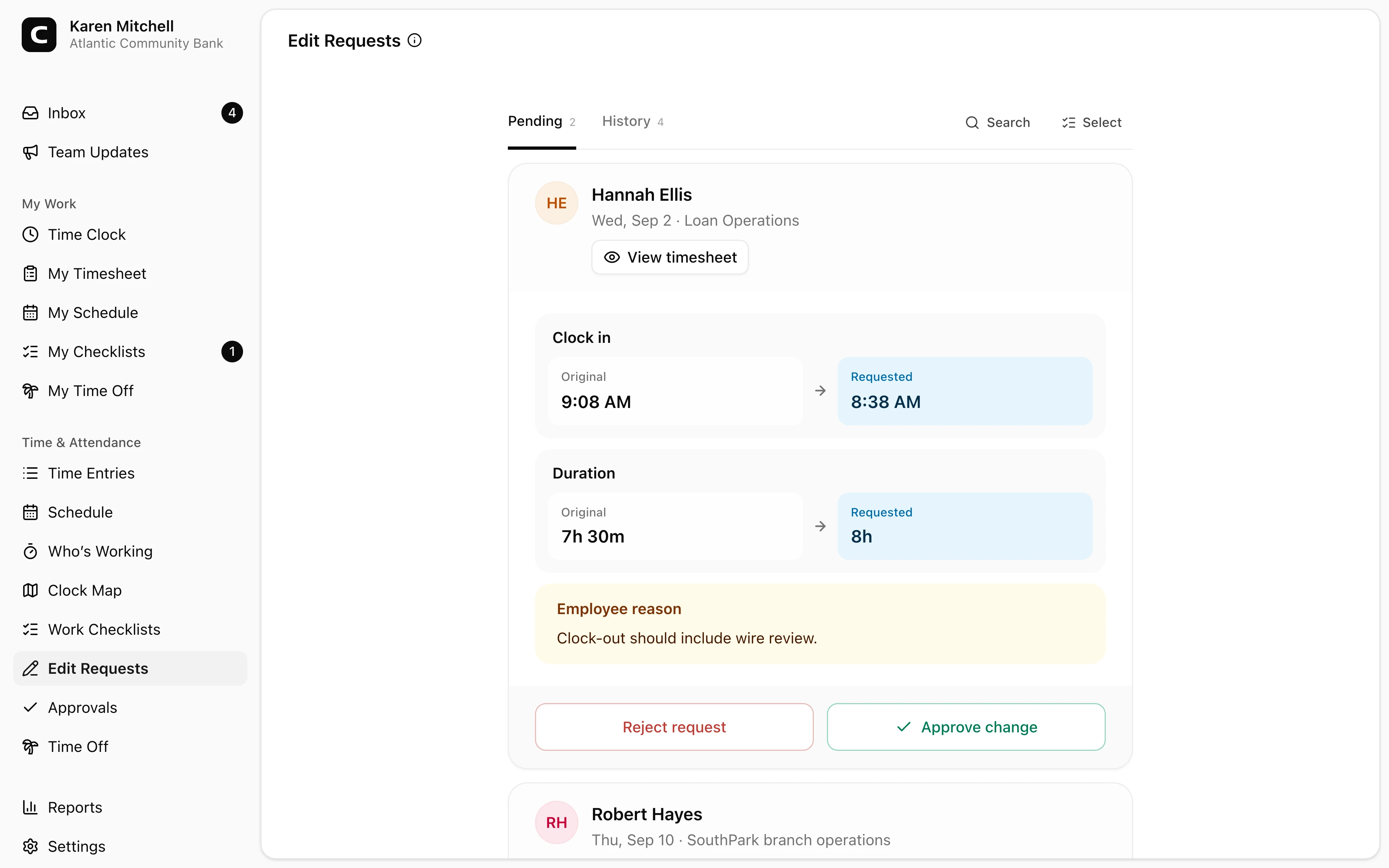 Clockspot Edit Requests showing bank employee time corrections ready for review