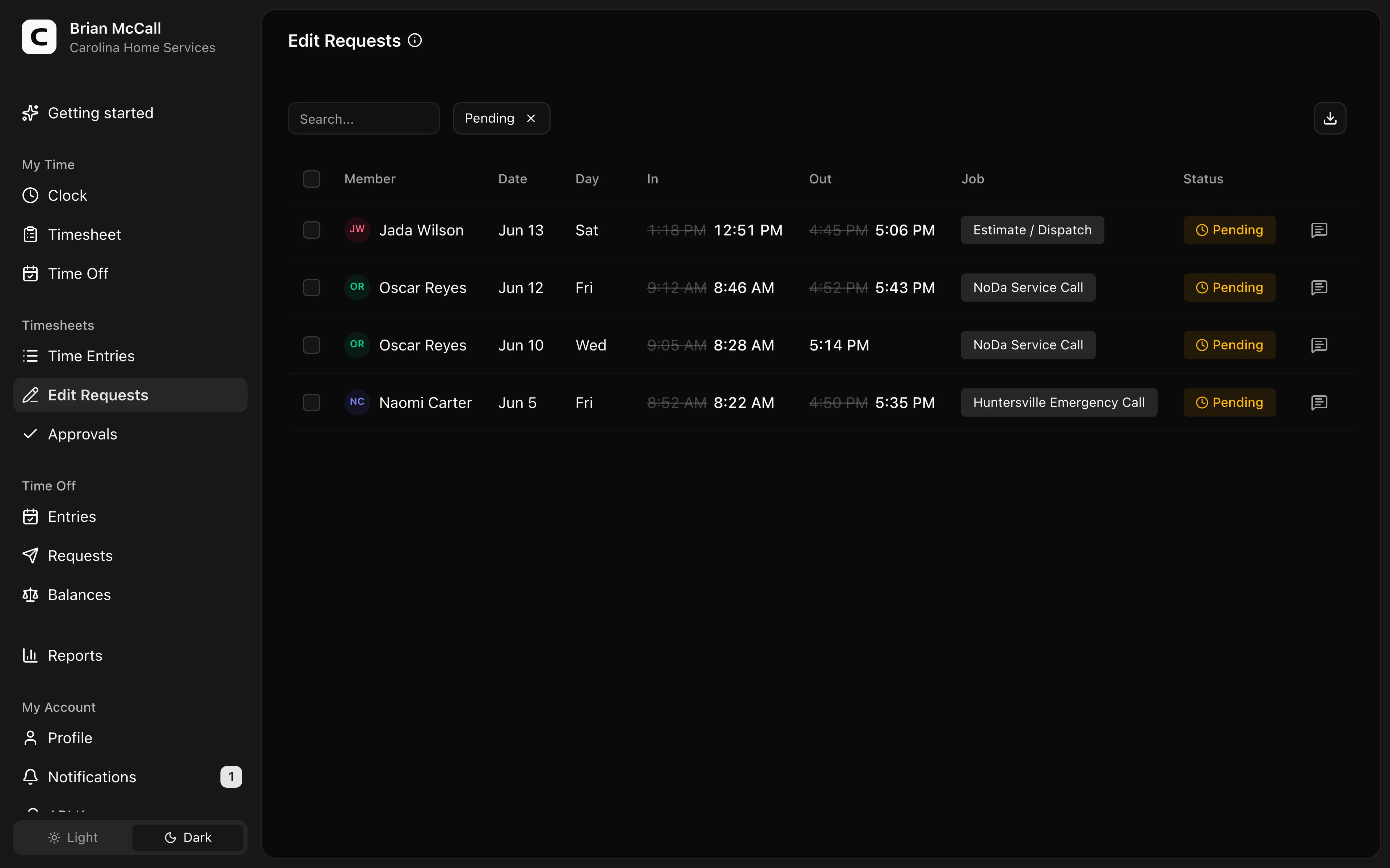 Clockspot Edit Requests screen