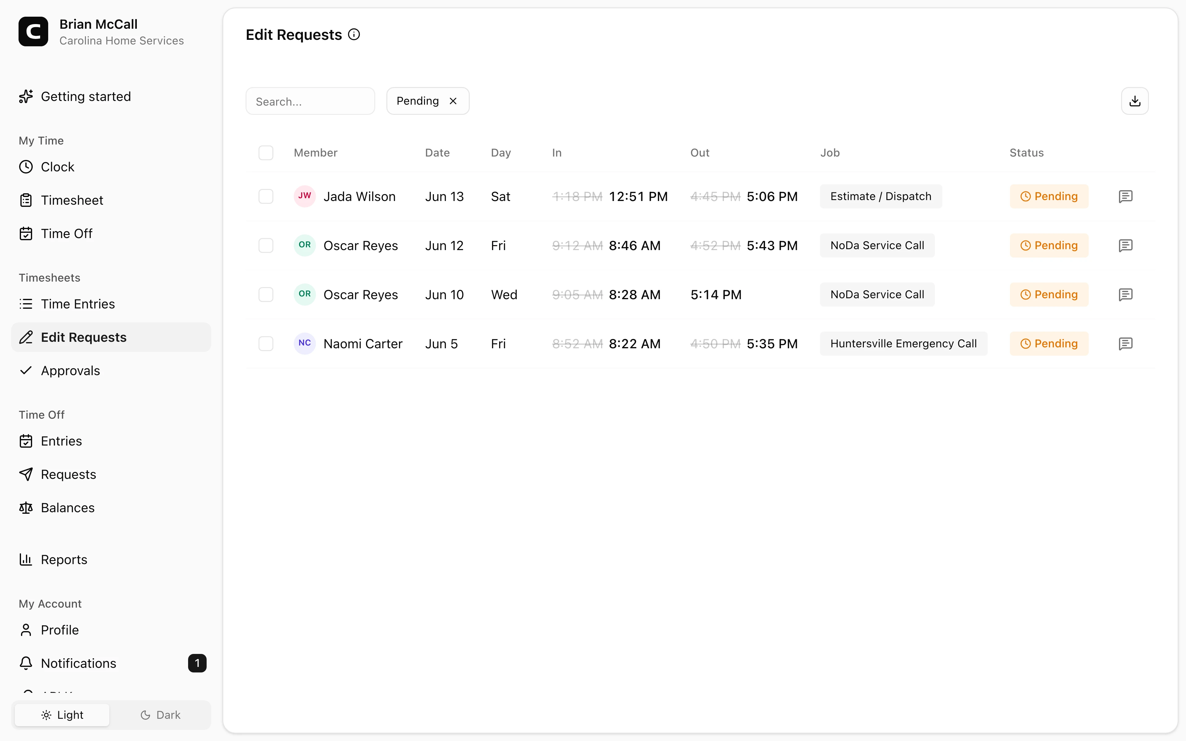 Clockspot Edit Requests screen