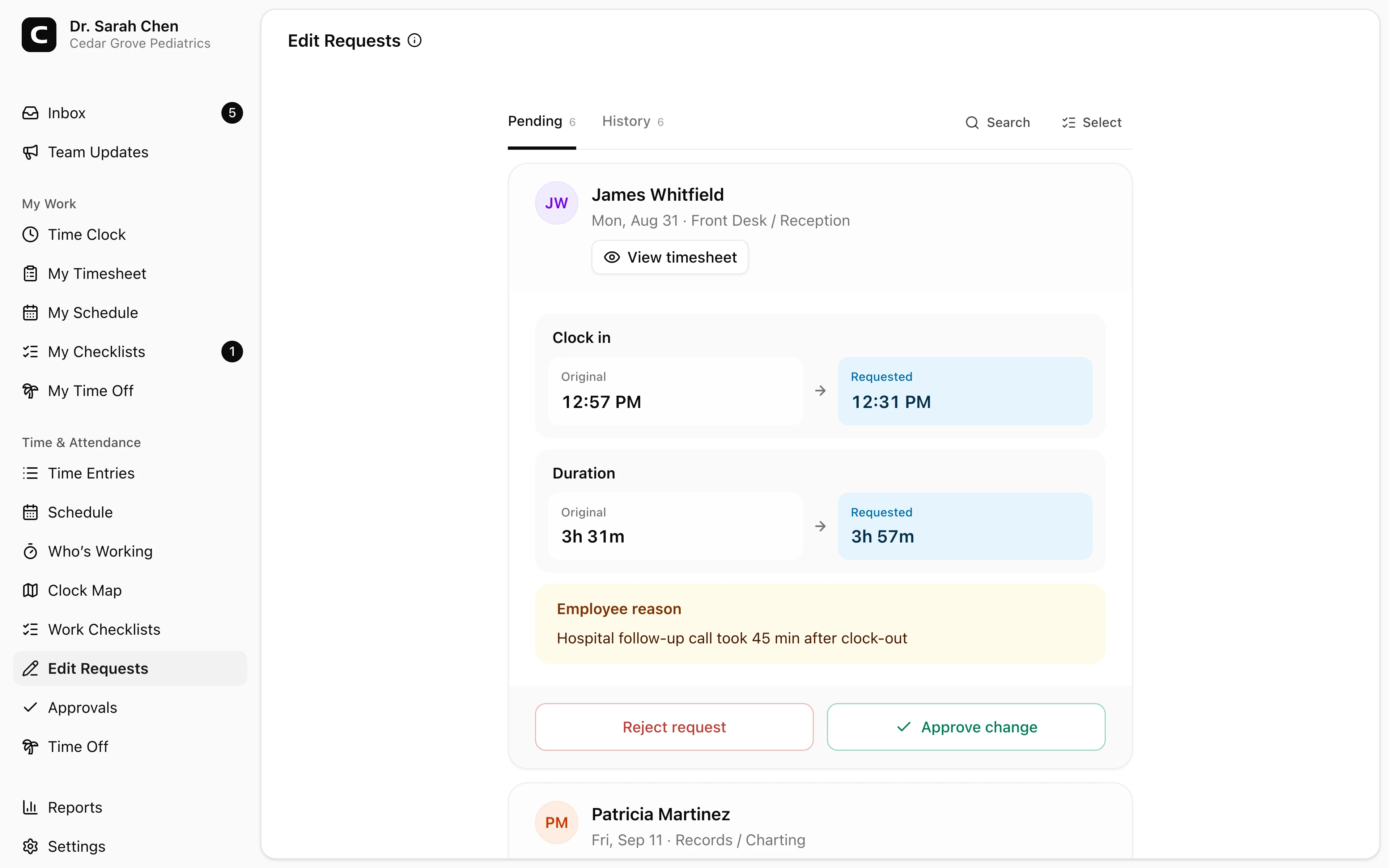 Clockspot Edit Requests showing medical practice employee correction reasons