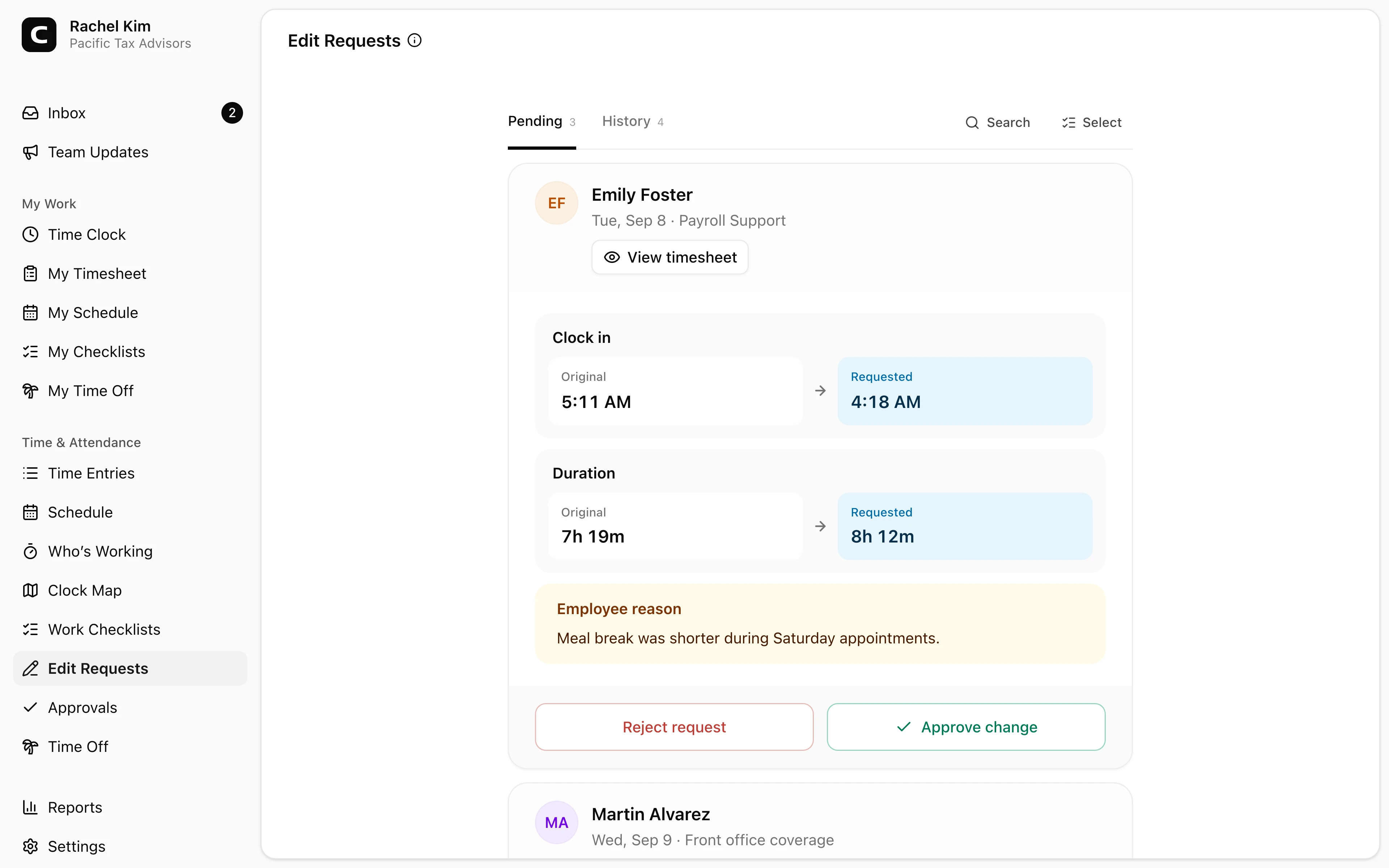 Clockspot Edit Requests showing employee correction reasons for Pacific Tax Advisors