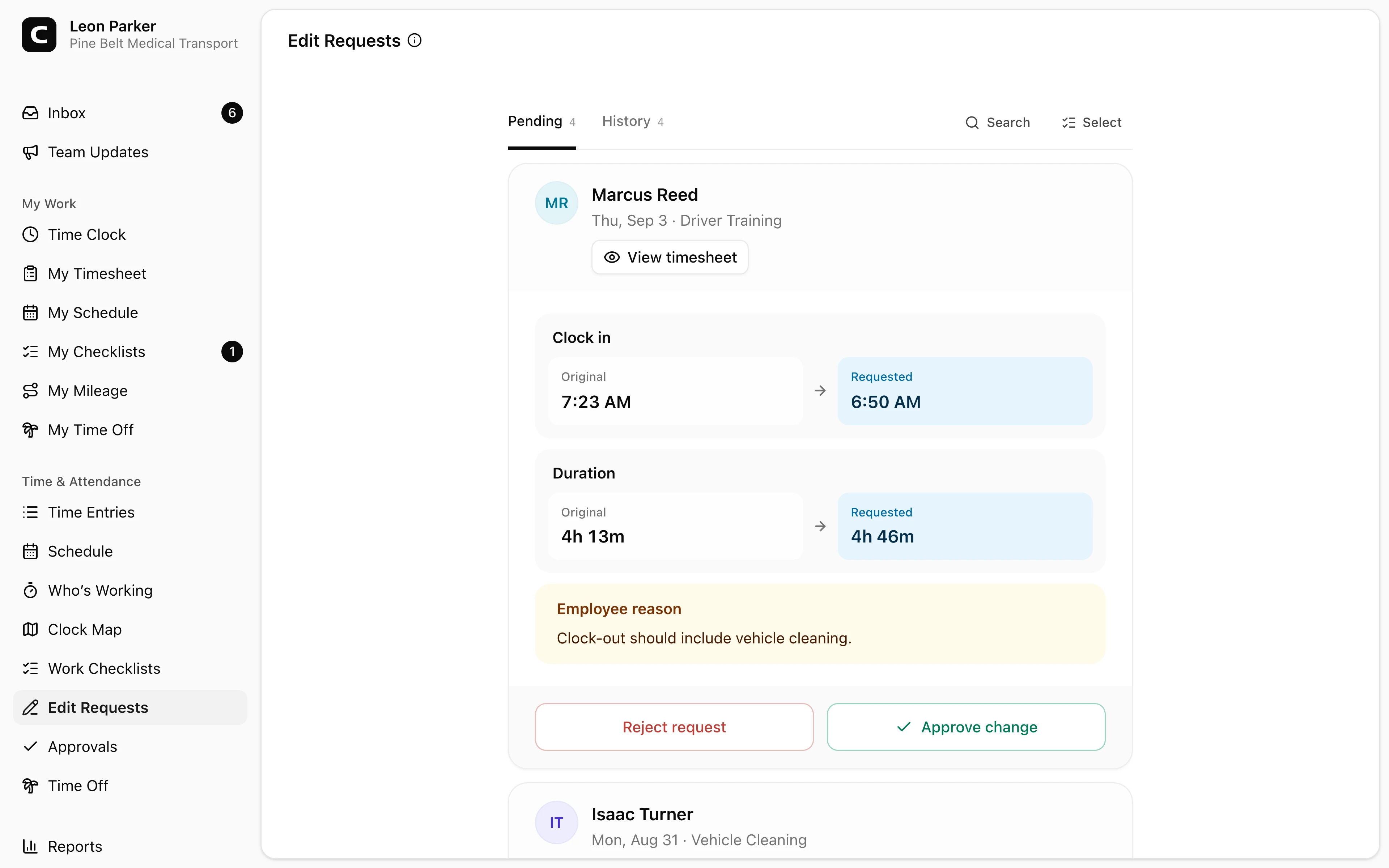 Clockspot Edit Requests showing transportation time corrections ready for review