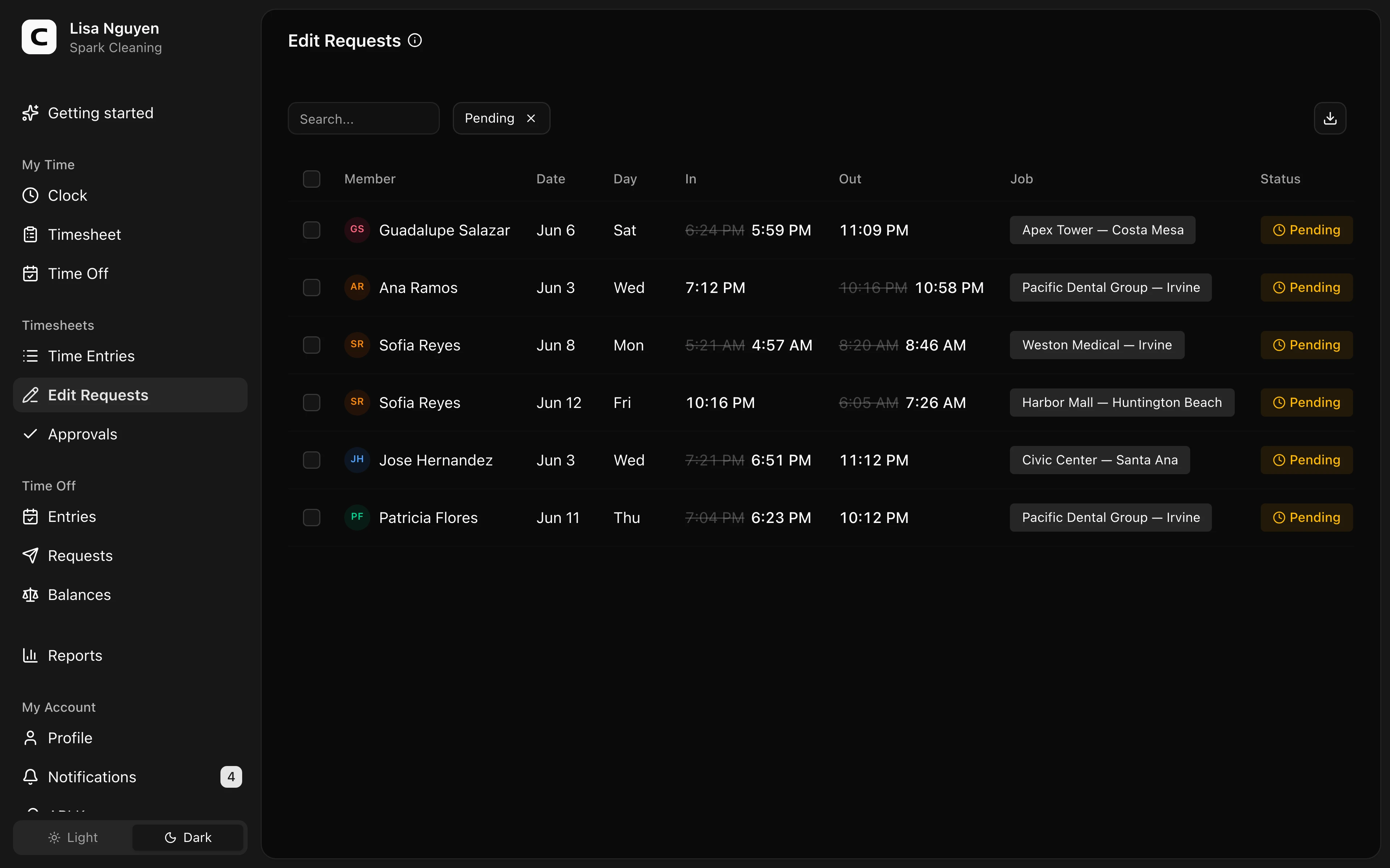 Clockspot Edit Requests screen. Approve or reject employee-requested changes to time entries.