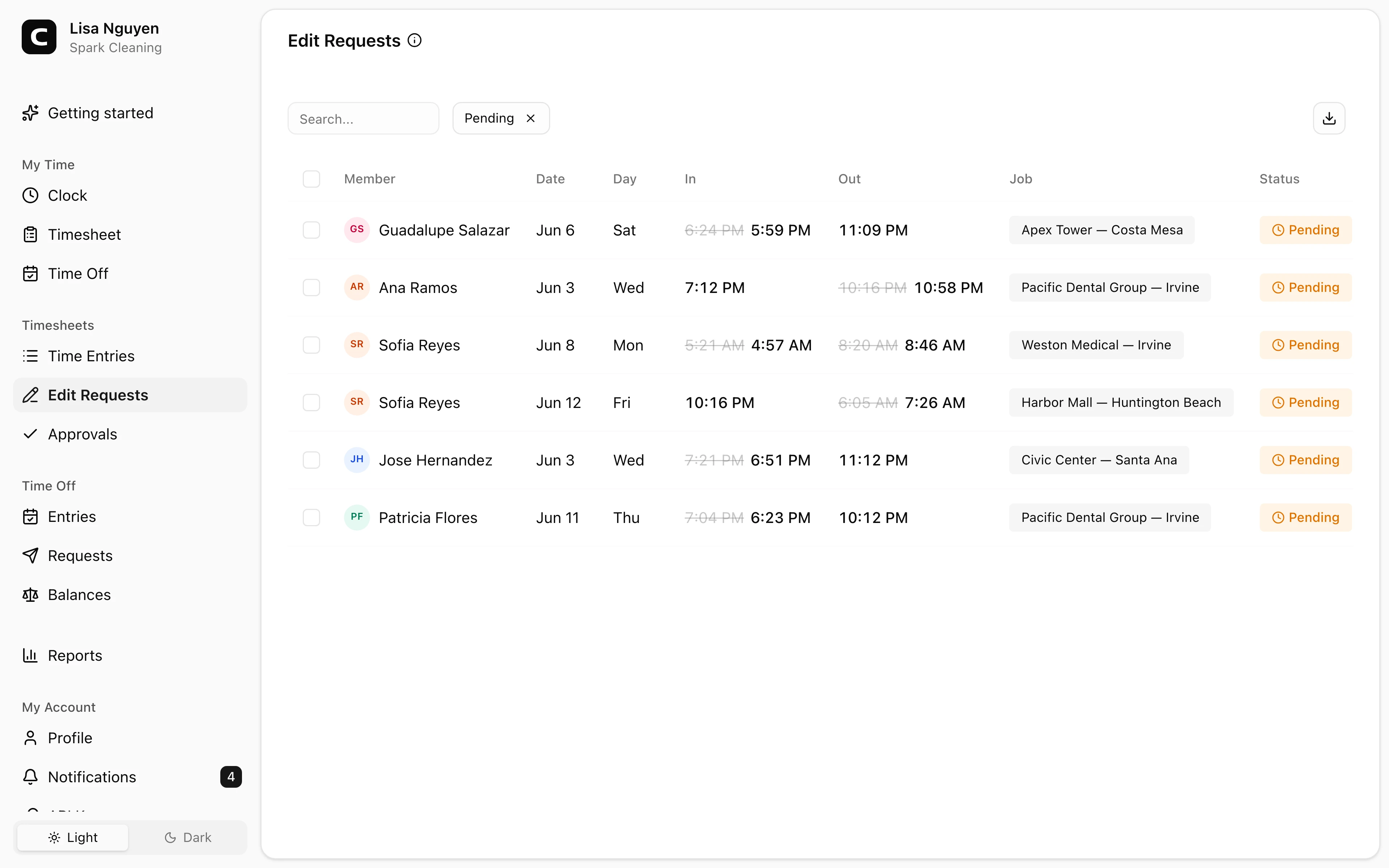 Clockspot Edit Requests screen. Approve or reject employee-requested changes to time entries.