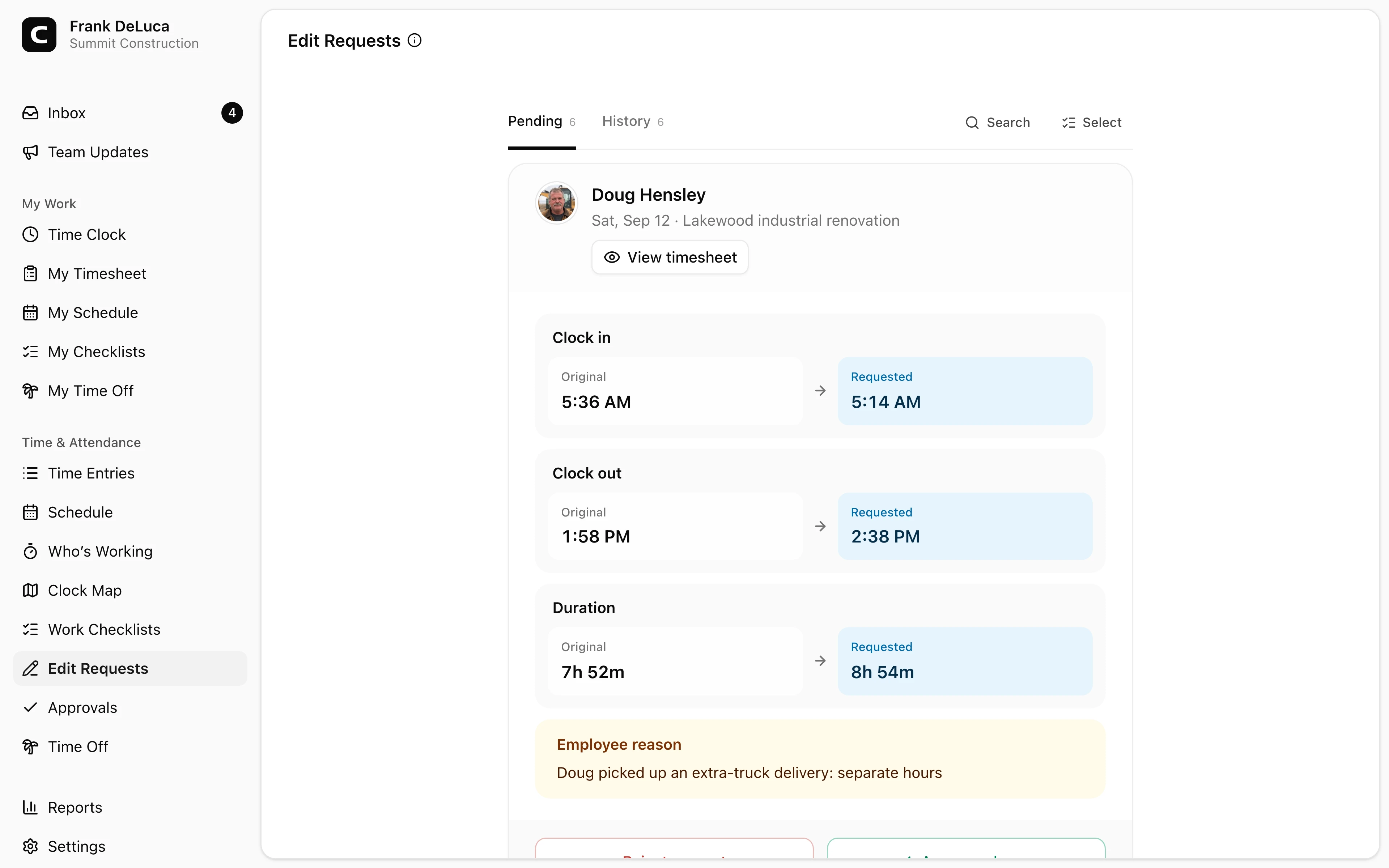 Clockspot Edit Requests showing construction crew time corrections ready for review