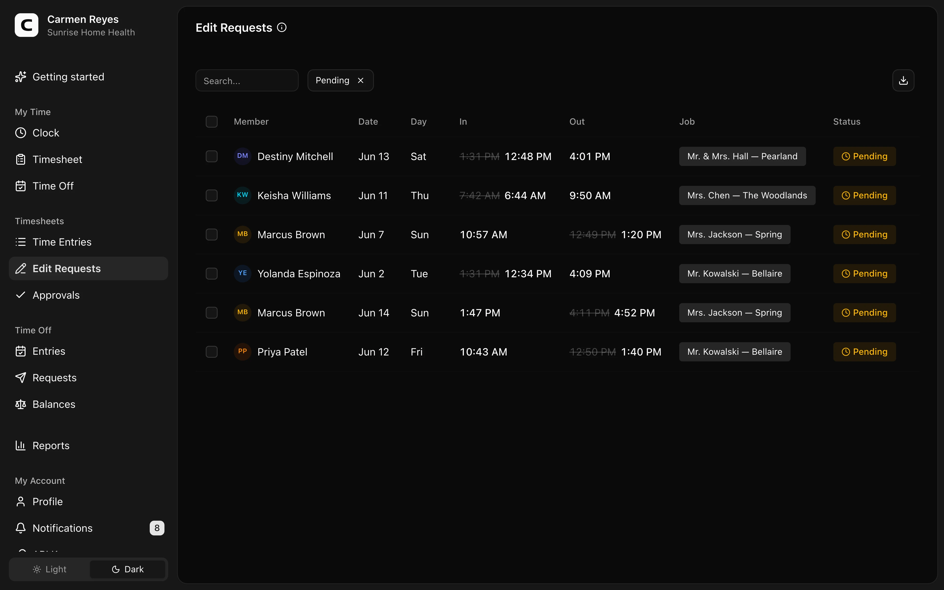 Clockspot Edit Requests screen