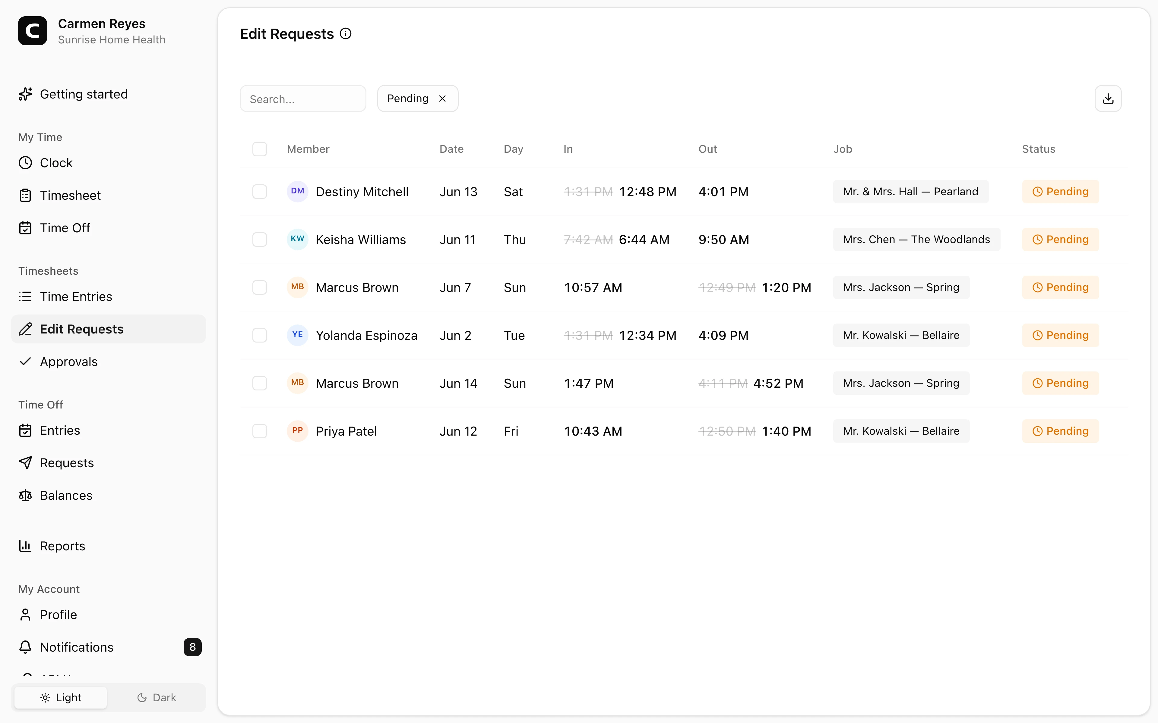 Clockspot Edit Requests screen