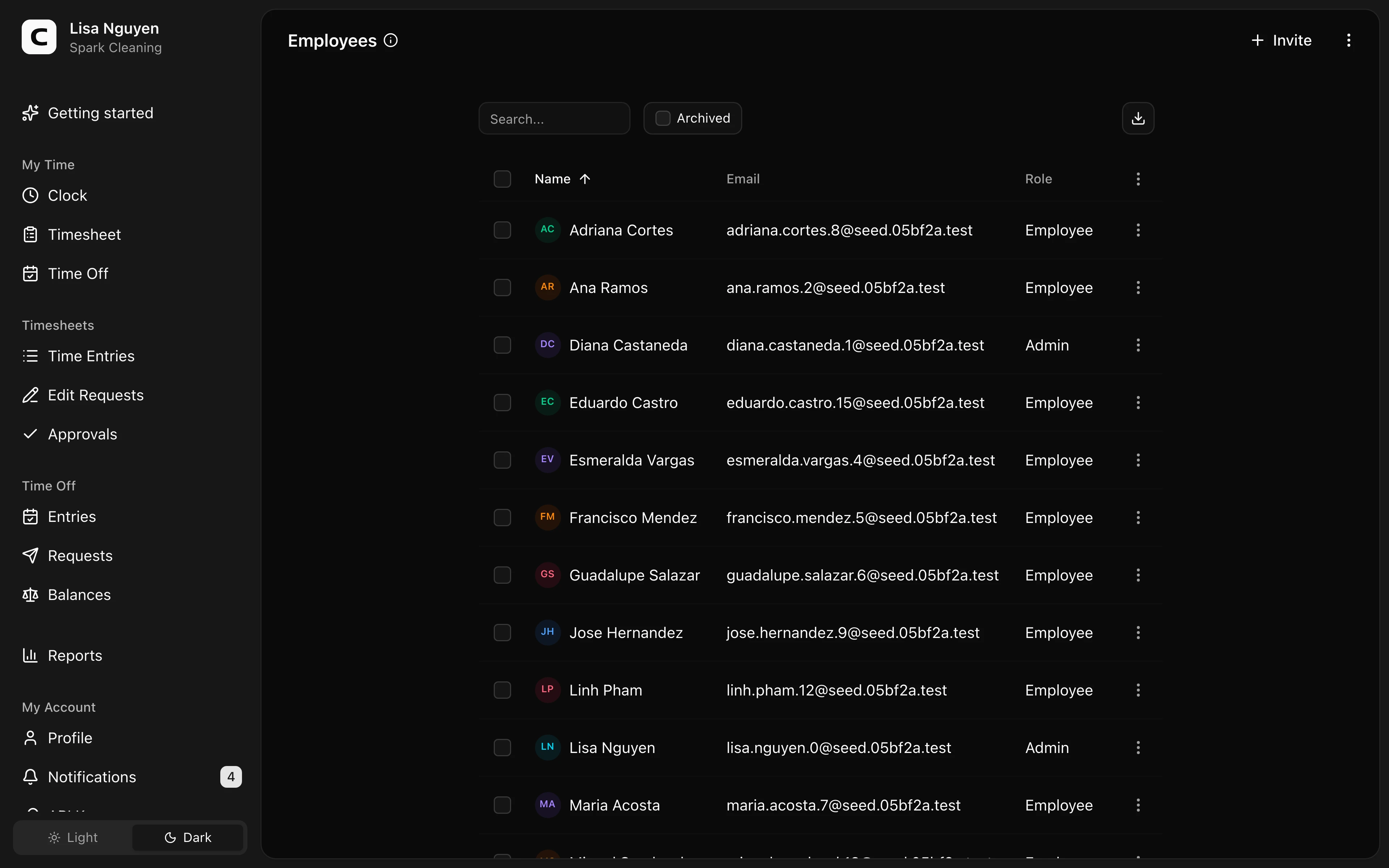 Clockspot Employees screen. Invite employees, edit profile details, and handle owner-only access changes.