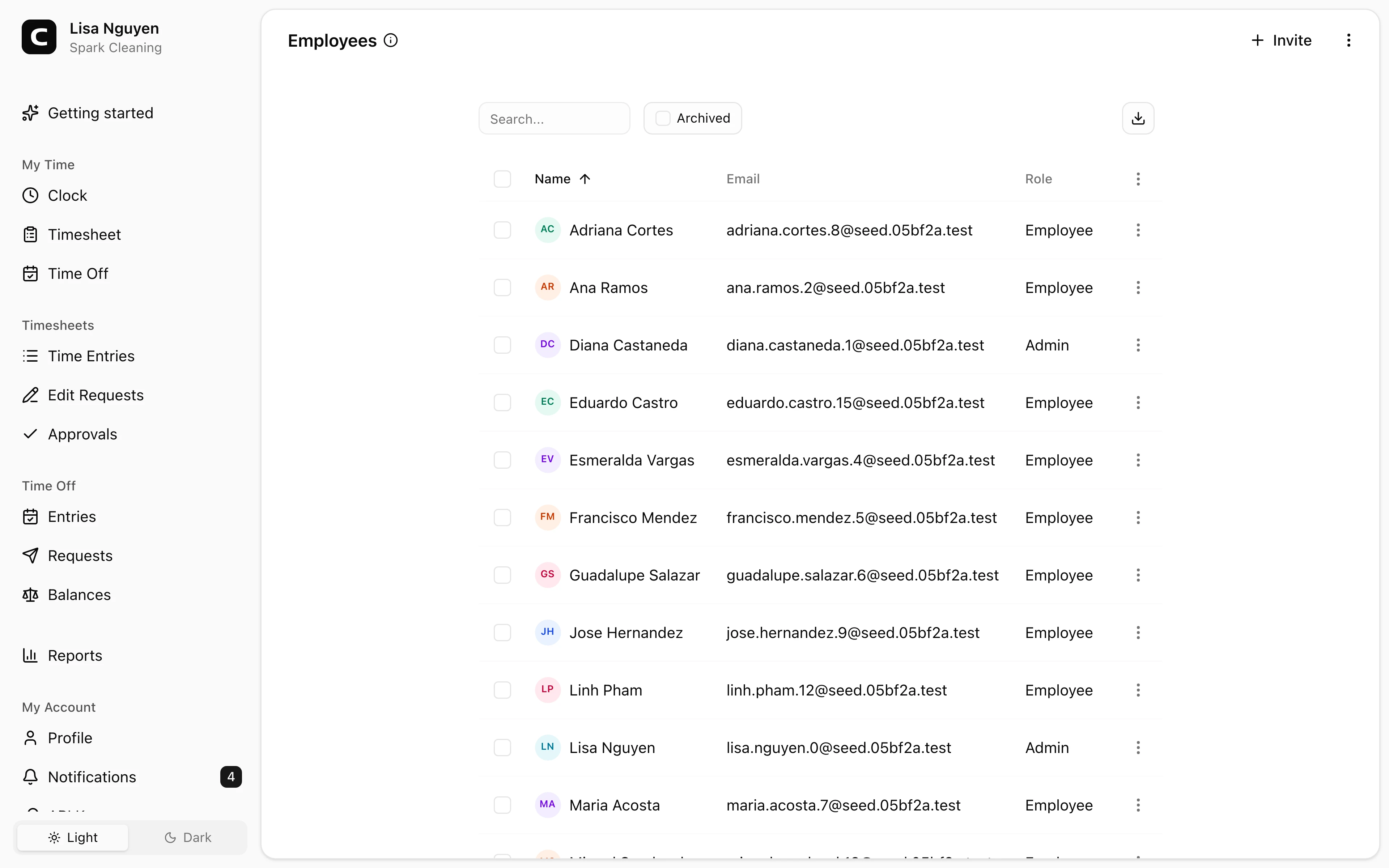 Clockspot Employees screen. Invite employees, edit profile details, and handle owner-only access changes.