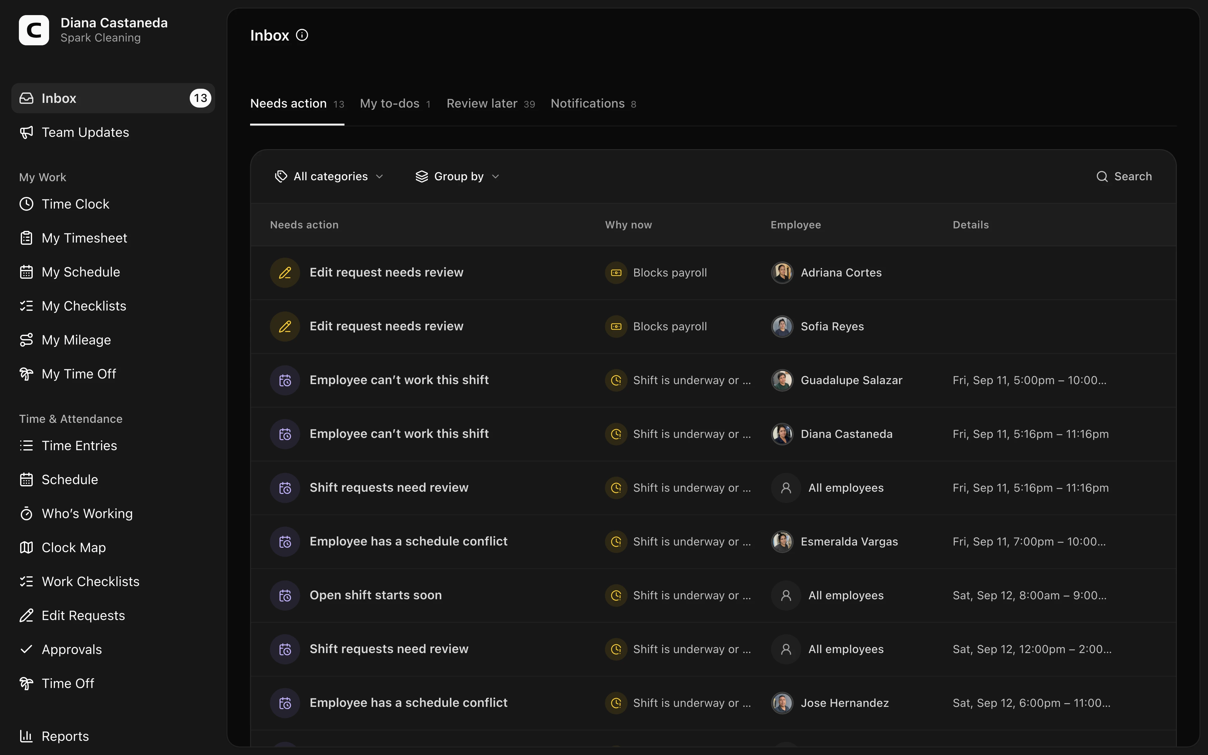 Clockspot Inbox screen. Work through urgent manager reviews, your own unfinished tasks, and notification history from one place without losing your position in the queue.